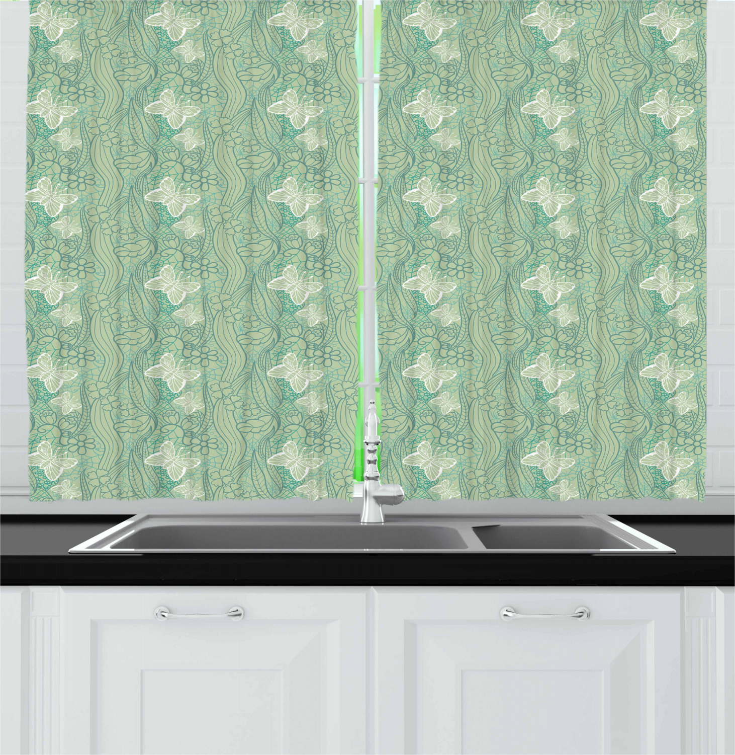 Green Kitchen Curtains 2 Panel Home Window Drapes 55" X 39" Ambesonne - Picture 13 of 23