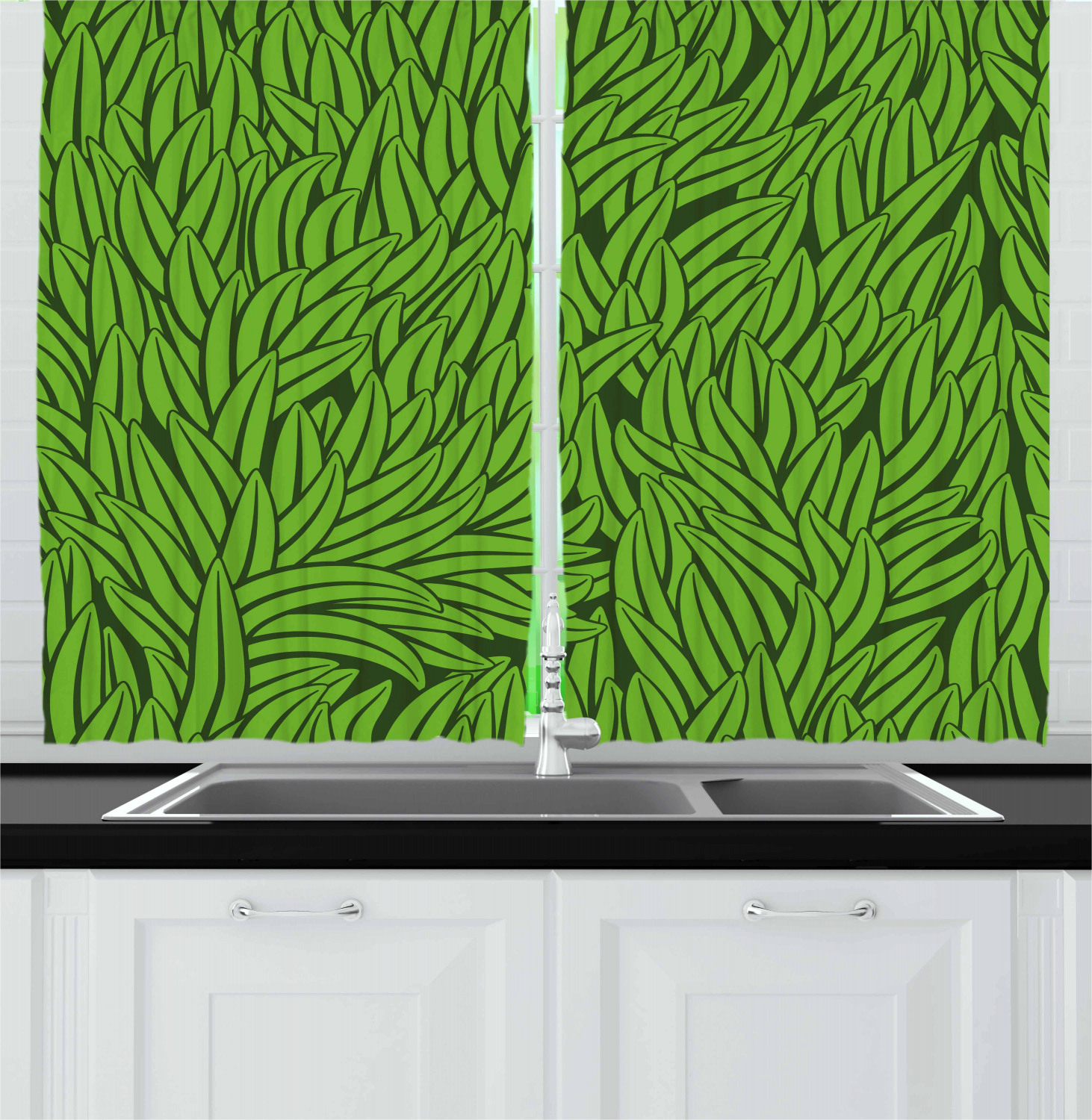 Green Kitchen Curtains 2 Panel Home Window Drapes 55" X 39" Ambesonne - Picture 7 of 23