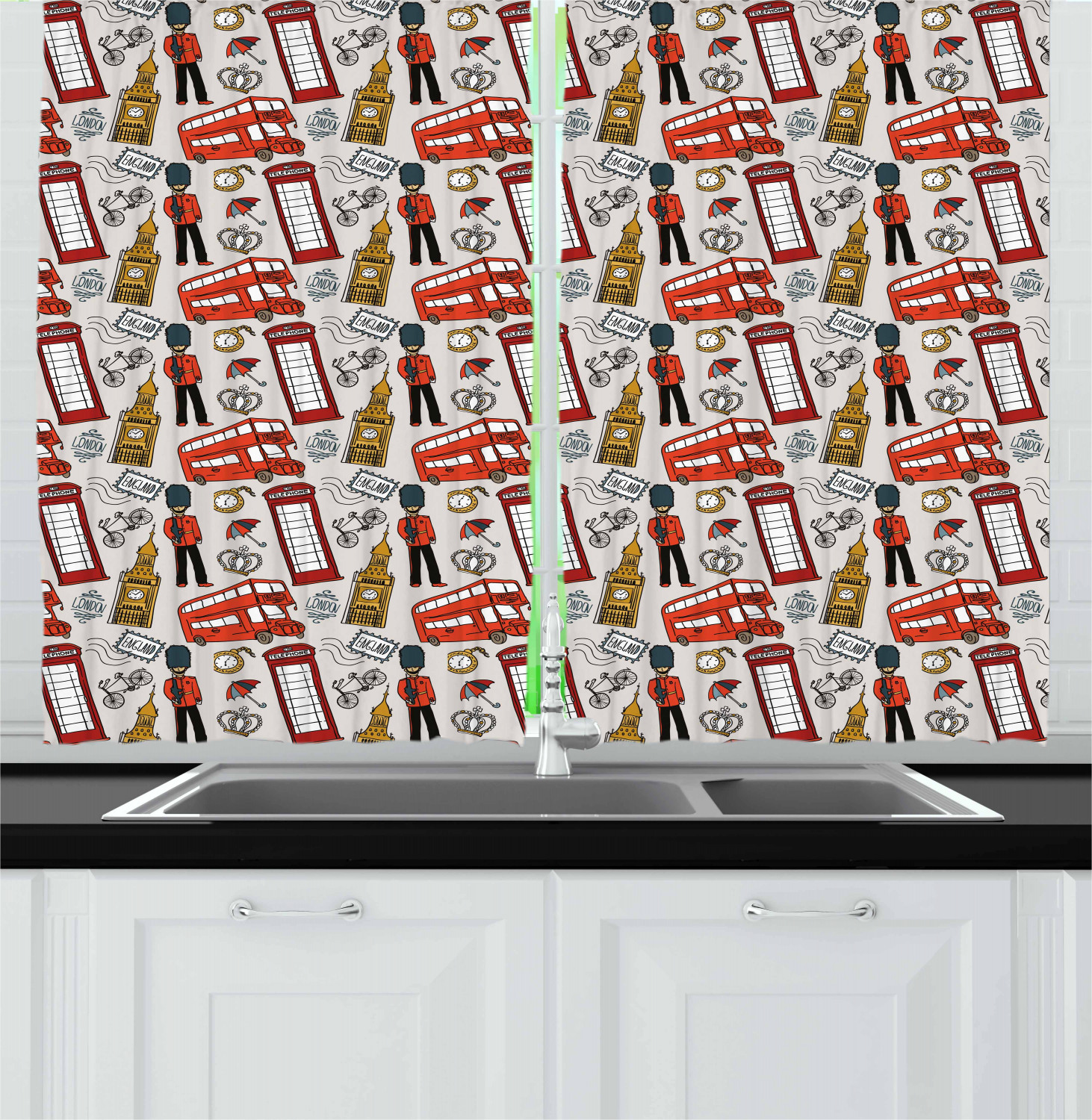 London Kitchen Curtains 2 Panel Set Window Drapes 55" X 39" by Ambesonne - Picture 12 of 16
