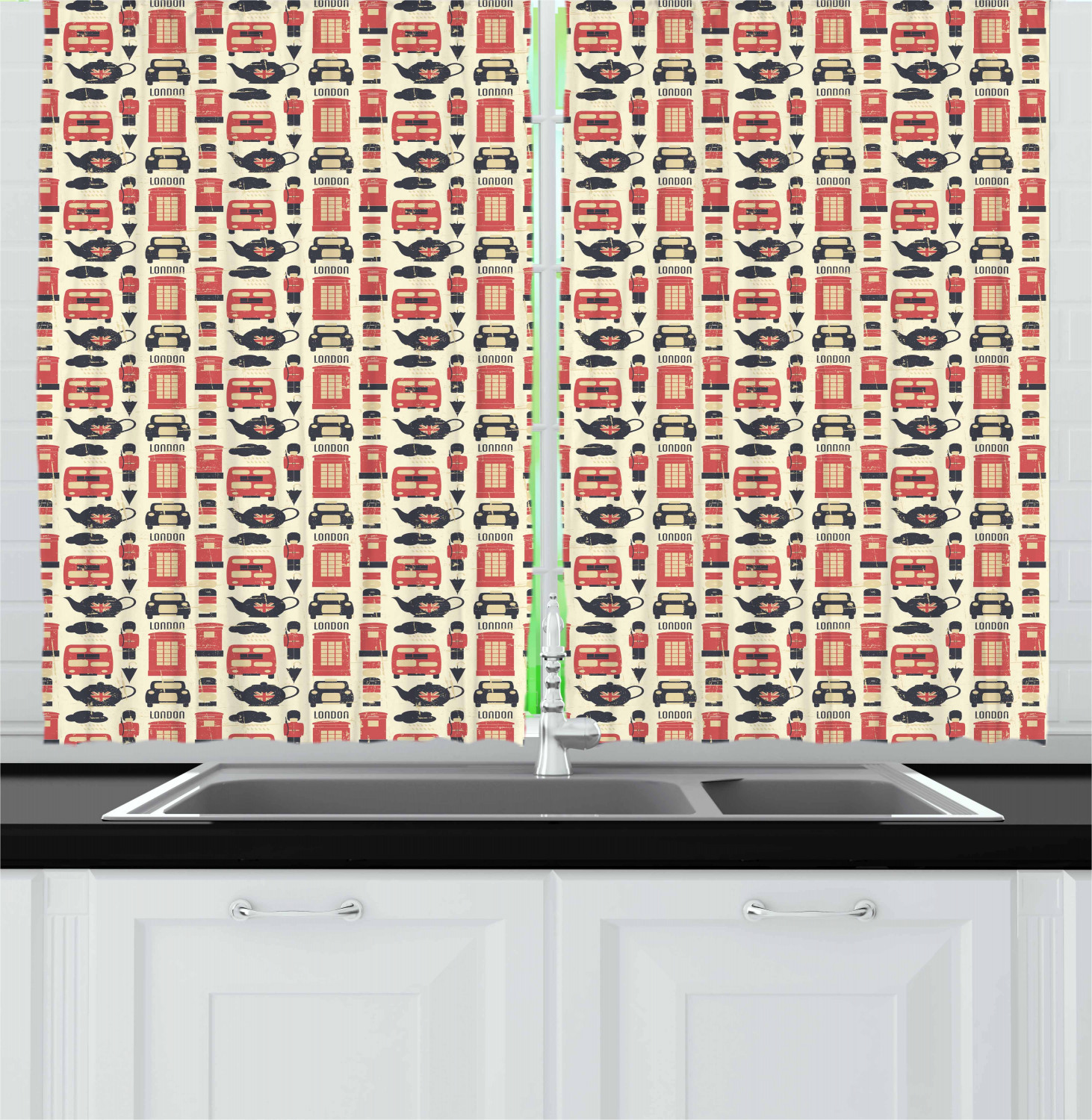 London Kitchen Curtains 2 Panel Set Window Drapes 55" X 39" by Ambesonne - Picture 7 of 16