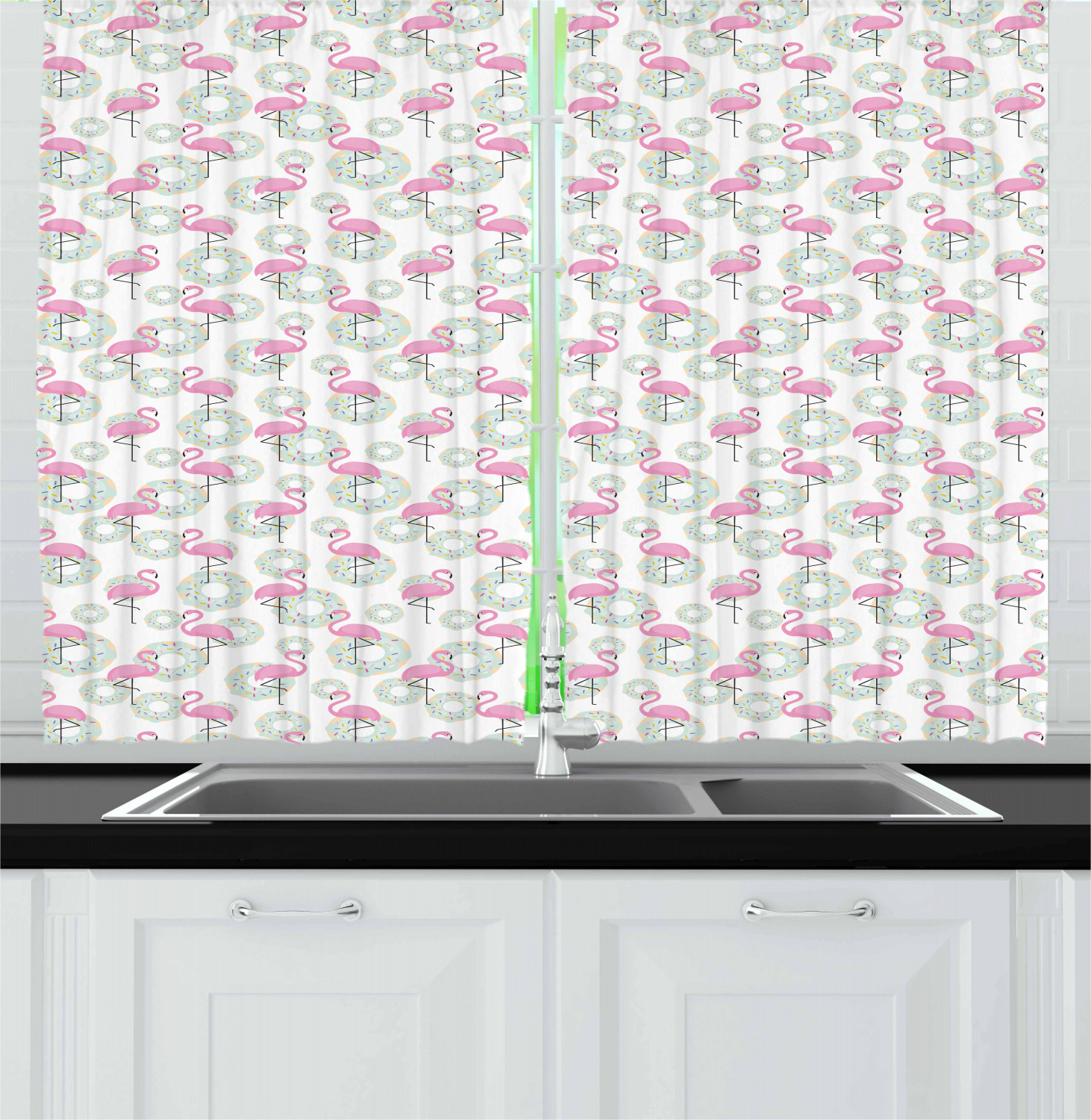 Flamingo Kitchen Curtains 2 Panel Set Home Window Drapes 55" X 39" Ambesonne - Picture 13 of 20