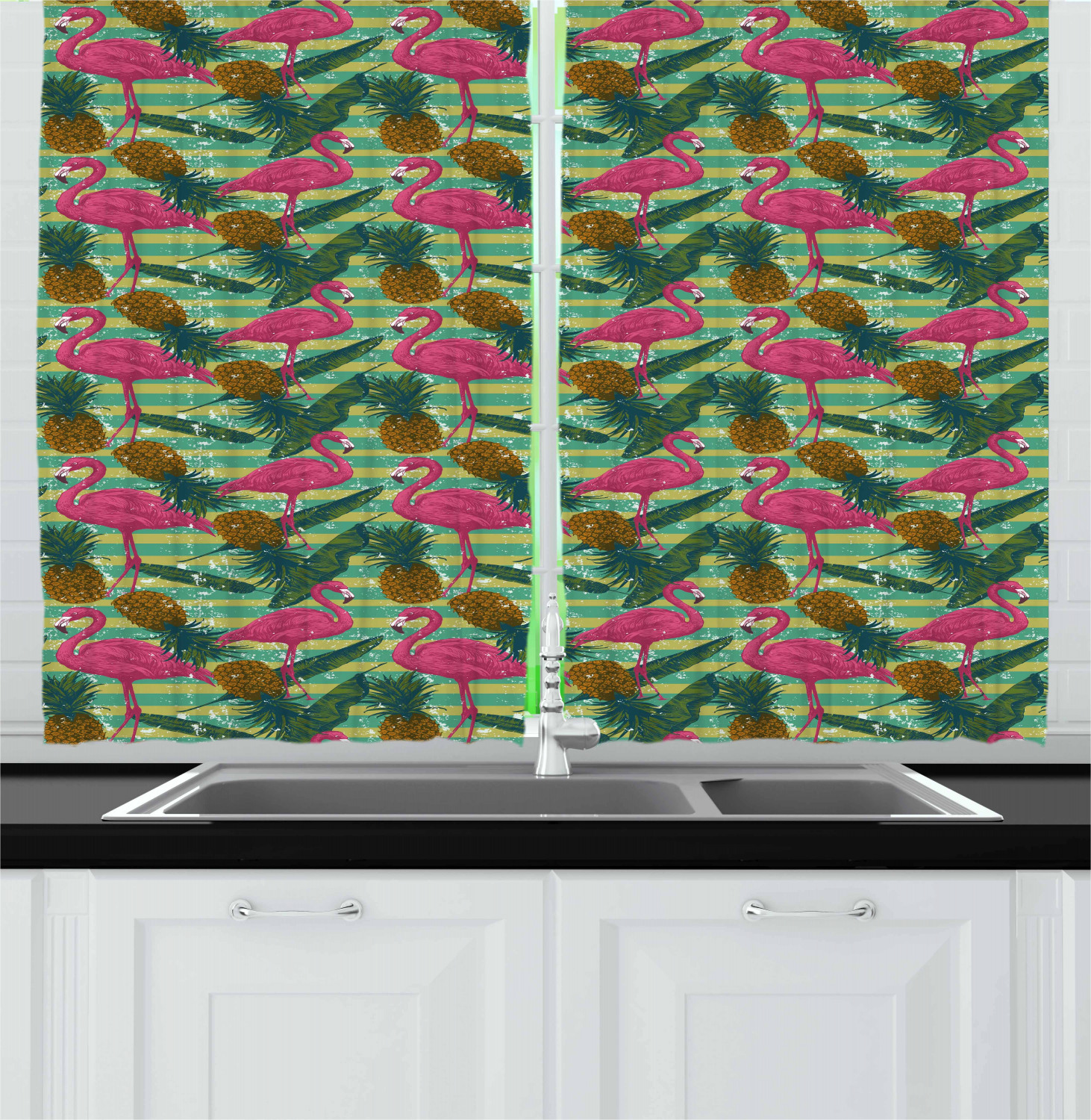 Flamingo Kitchen Curtains 2 Panel Set Home Window Drapes 55" X 39" Ambesonne - Picture 11 of 20