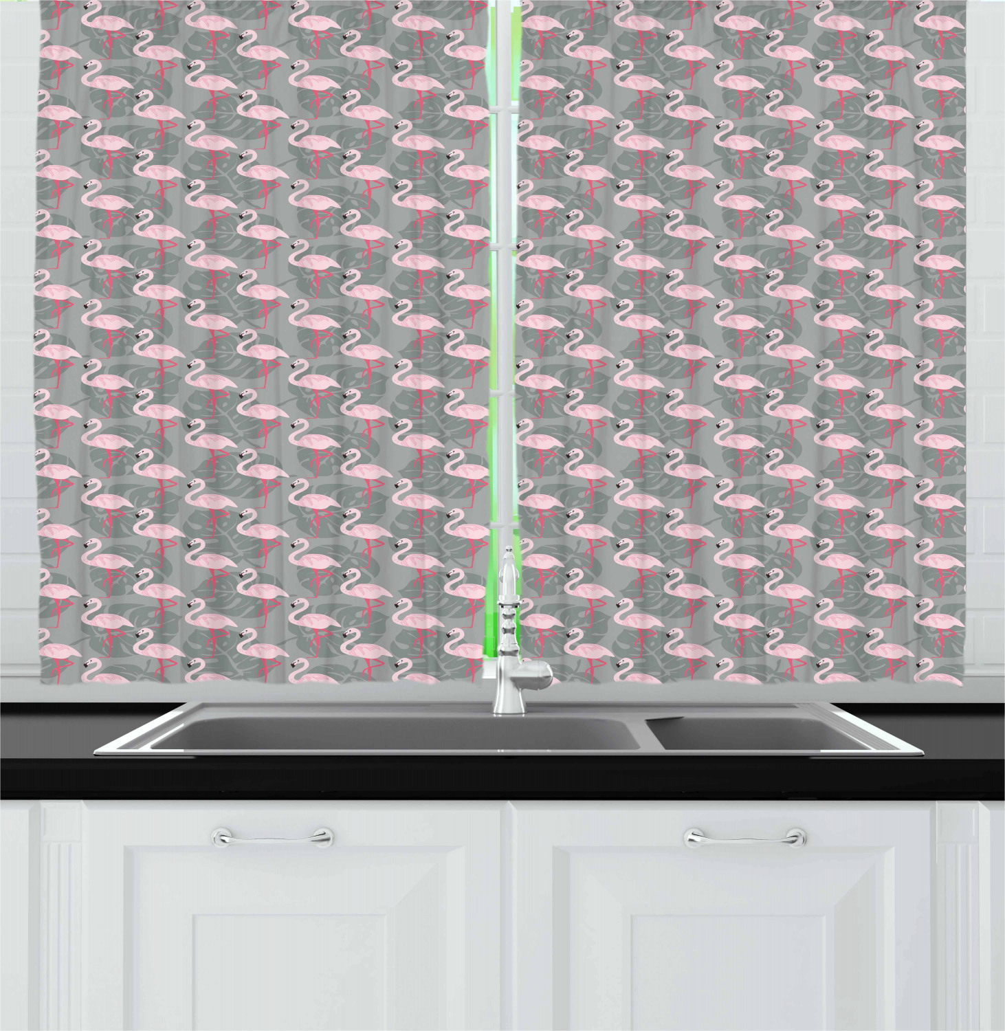 Flamingo Kitchen Curtains 2 Panel Set Home Window Drapes 55" X 39" Ambesonne - Picture 20 of 20