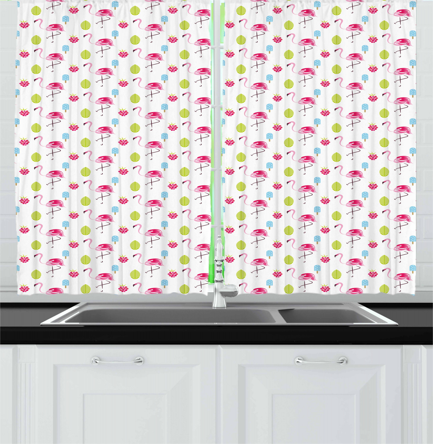 Flamingo Kitchen Curtains 2 Panel Set Home Window Drapes 55" X 39" Ambesonne - Picture 14 of 20