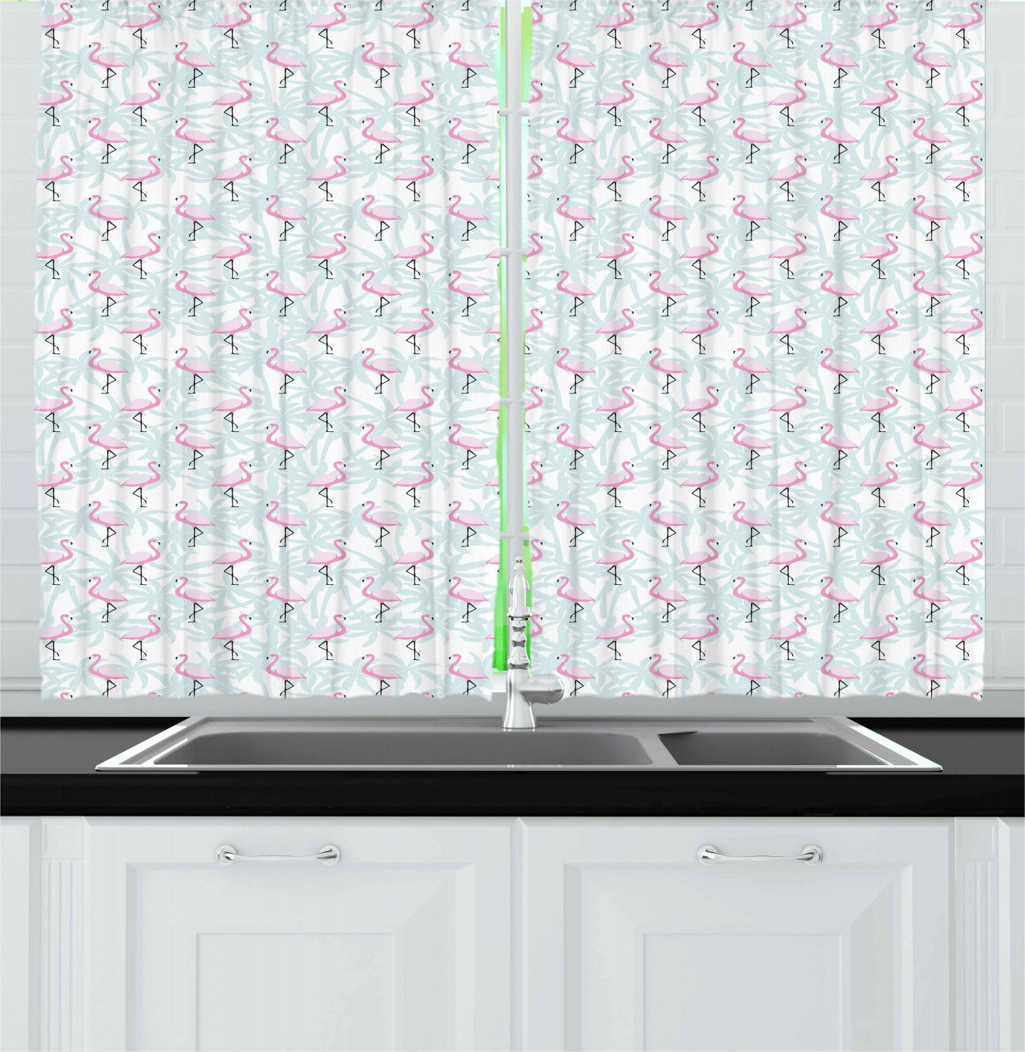 Flamingo Kitchen Curtains 2 Panel Set Home Window Drapes 55" X 39" Ambesonne - Picture 17 of 20