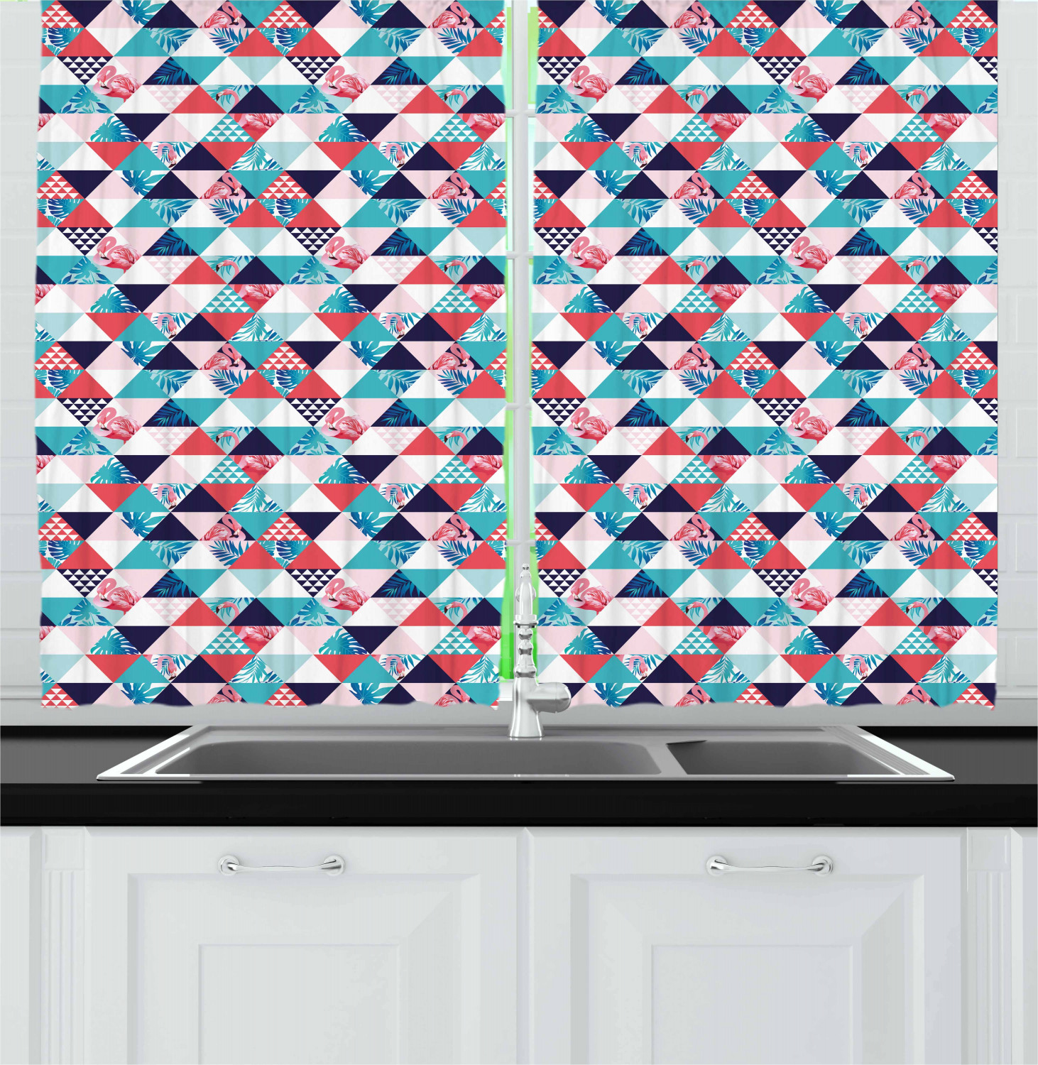 Flamingo Kitchen Curtains 2 Panel Set Home Window Drapes 55" X 39" Ambesonne - Picture 15 of 20