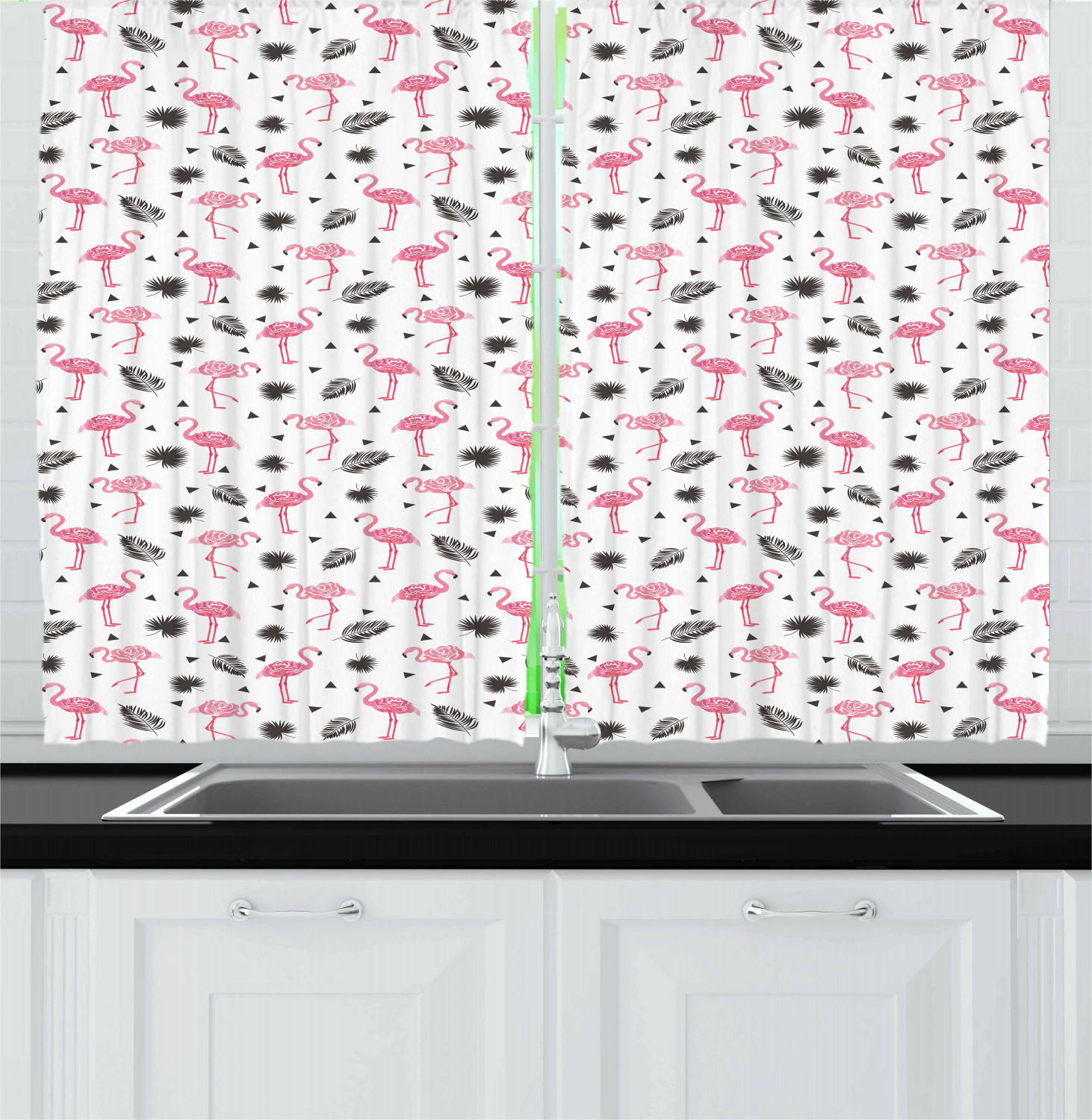 Flamingo Kitchen Curtains 2 Panel Set Home Window Drapes 55" X 39" Ambesonne - Picture 18 of 20