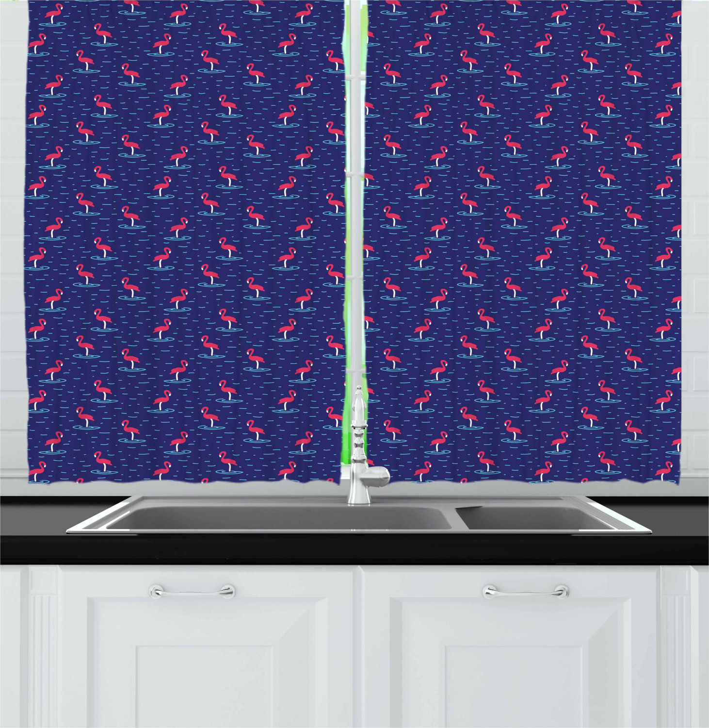 Flamingo Kitchen Curtains 2 Panel Set Home Window Drapes 55" X 39" Ambesonne - Picture 19 of 20