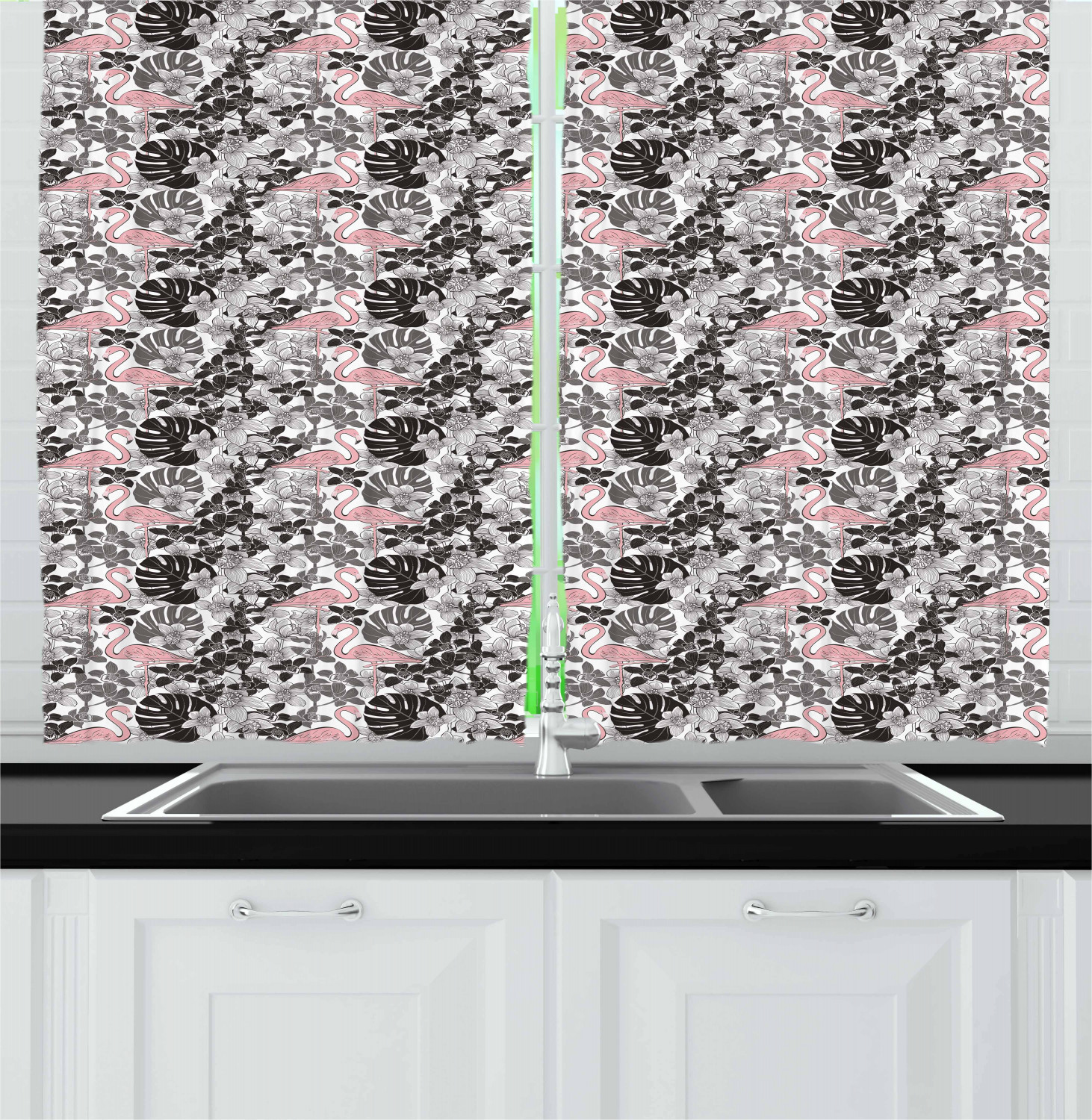 Flamingo Kitchen Curtains 2 Panel Set Home Window Drapes 55" X 39" Ambesonne - Picture 9 of 20