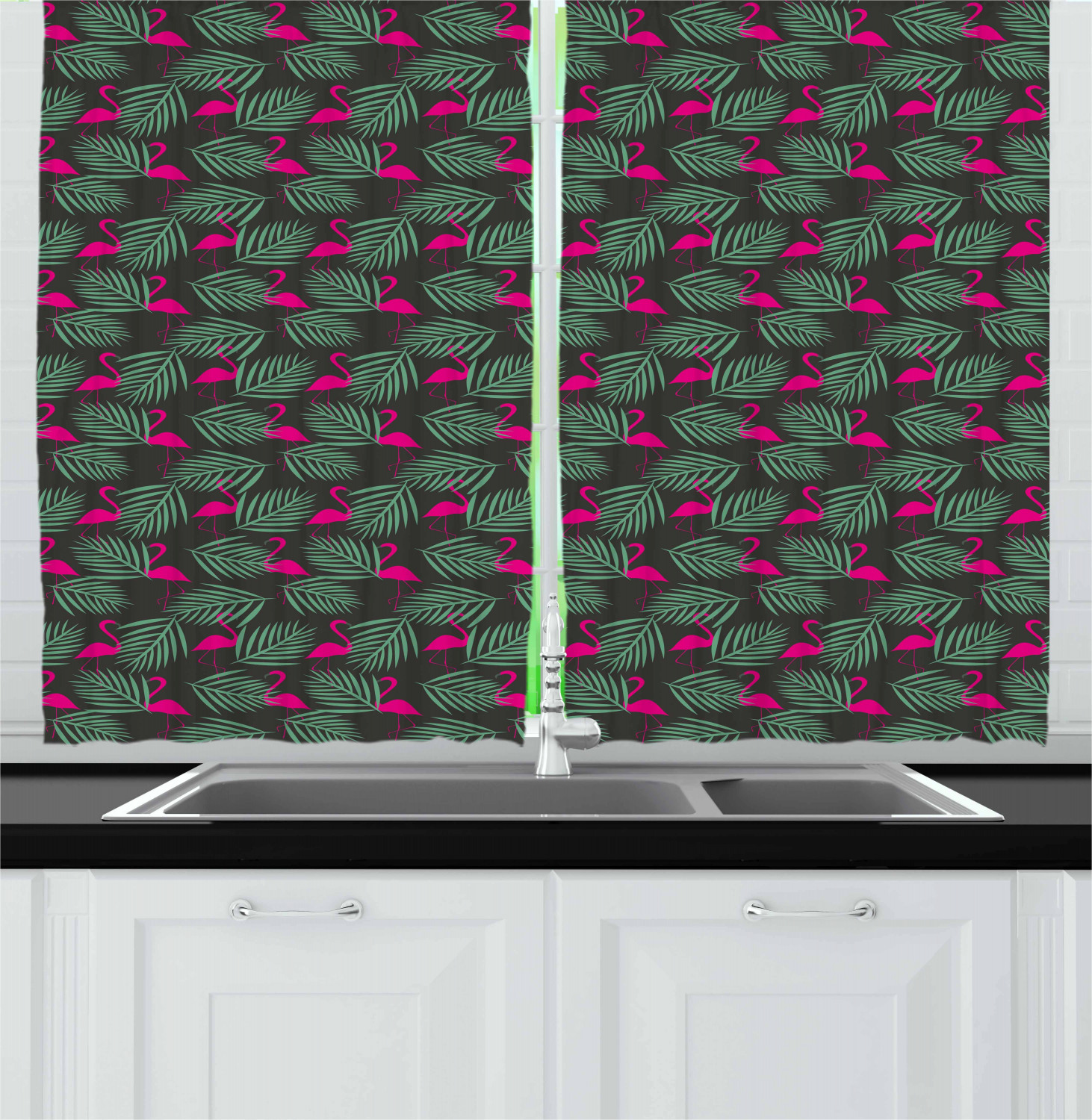 Flamingo Kitchen Curtains 2 Panel Set Home Window Drapes 55" X 39" Ambesonne - Picture 16 of 20