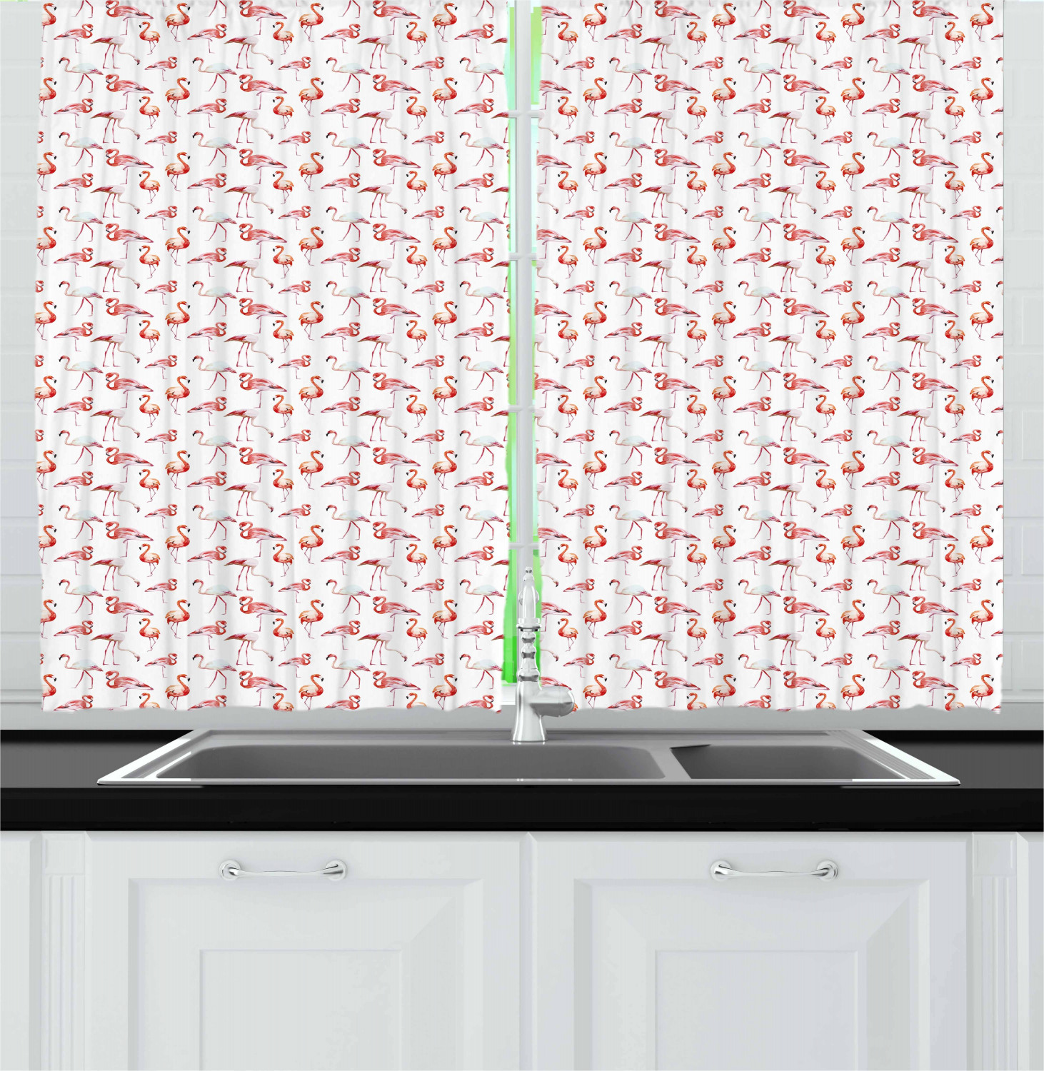 Flamingo Kitchen Curtains 2 Panel Set Home Window Drapes 55" X 39" Ambesonne - Picture 12 of 20