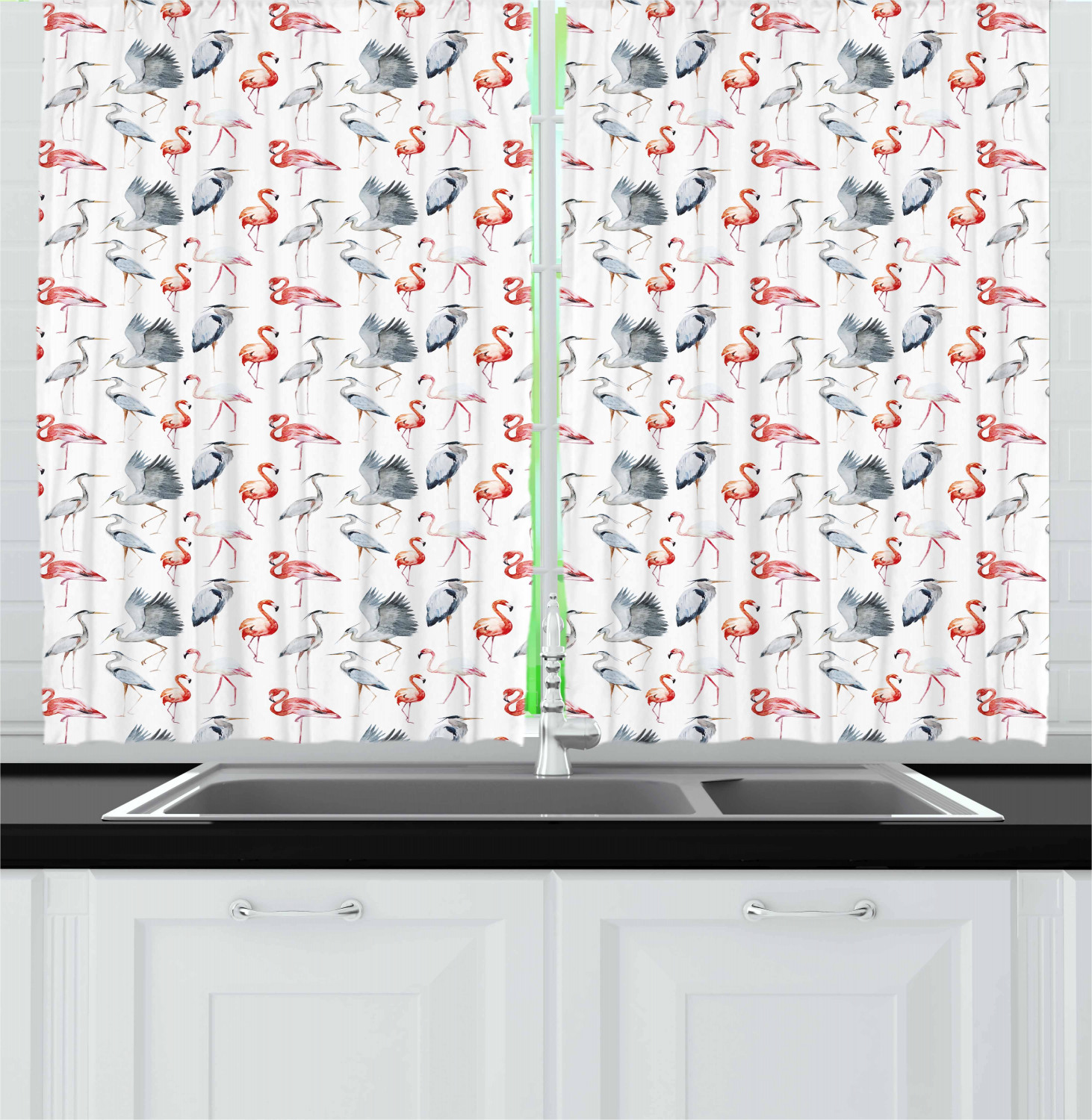 Flamingo Kitchen Curtains 2 Panel Set Home Window Drapes 55" X 39" Ambesonne - Picture 7 of 20