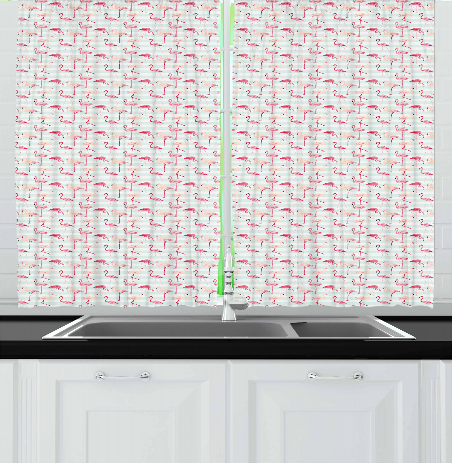Flamingo Kitchen Curtains 2 Panel Set Home Window Drapes 55" X 39" Ambesonne - Picture 10 of 20