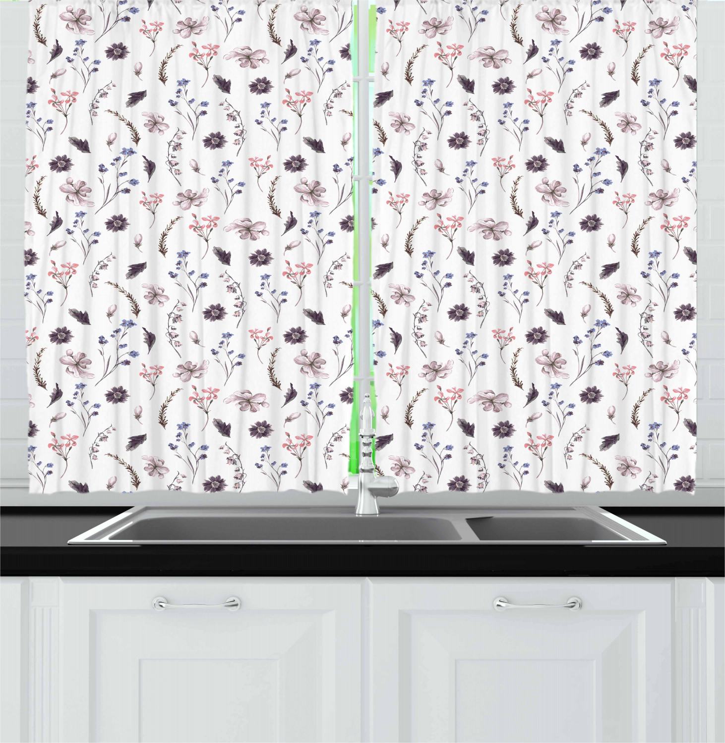 Watercolor Botany Kitchen Curtains 2 Panel Set Window Drapes 55