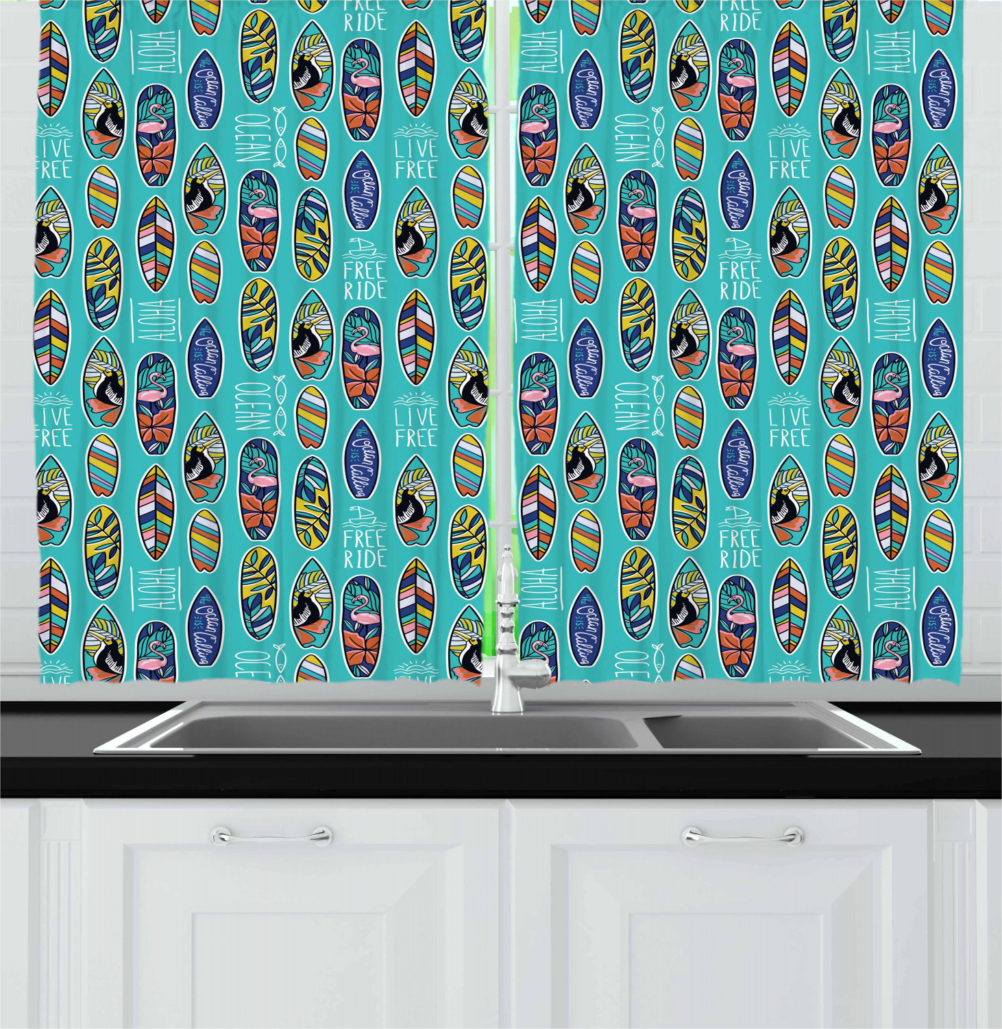 Surfboard Kitchen Curtains 2 Panel Set Window Drapes 55" X 39" by Ambesonne - Picture 2 of 14
