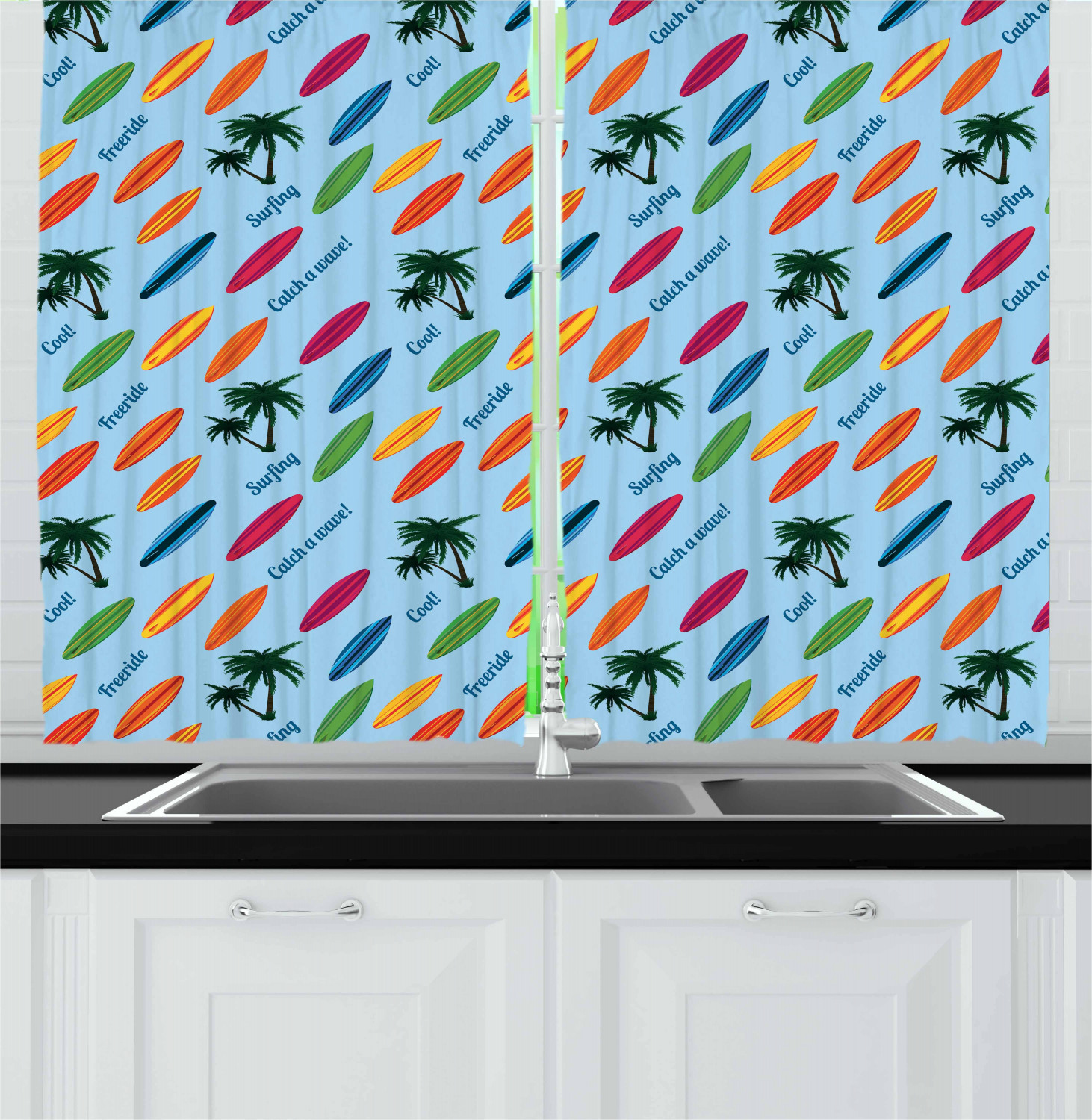 Surfboard Kitchen Curtains 2 Panel Set Window Drapes 55" X 39" by Ambesonne - Picture 6 of 14