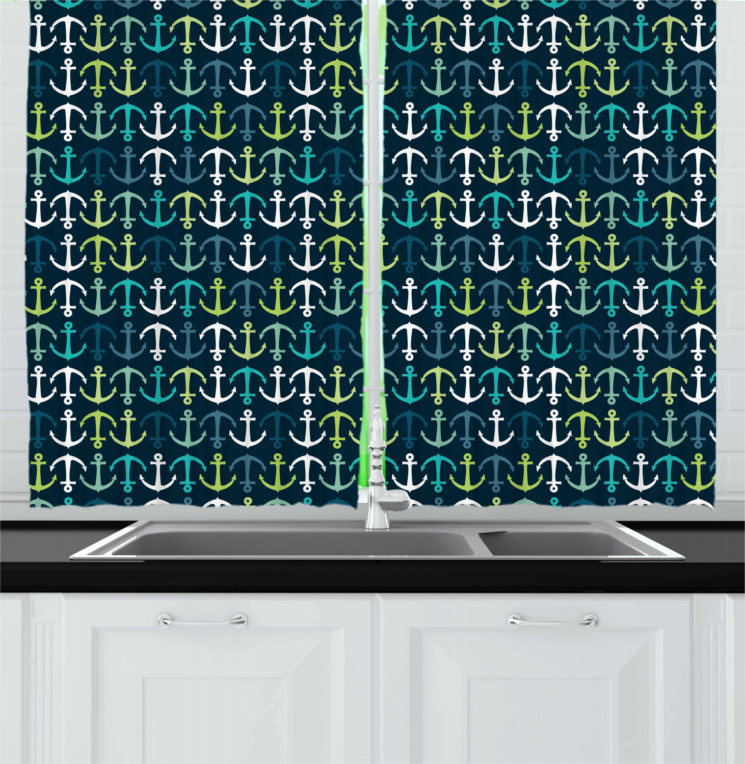 Nautical Anchor and Rudder Kitchen Curtains Window Drapes 2 Panel Set 