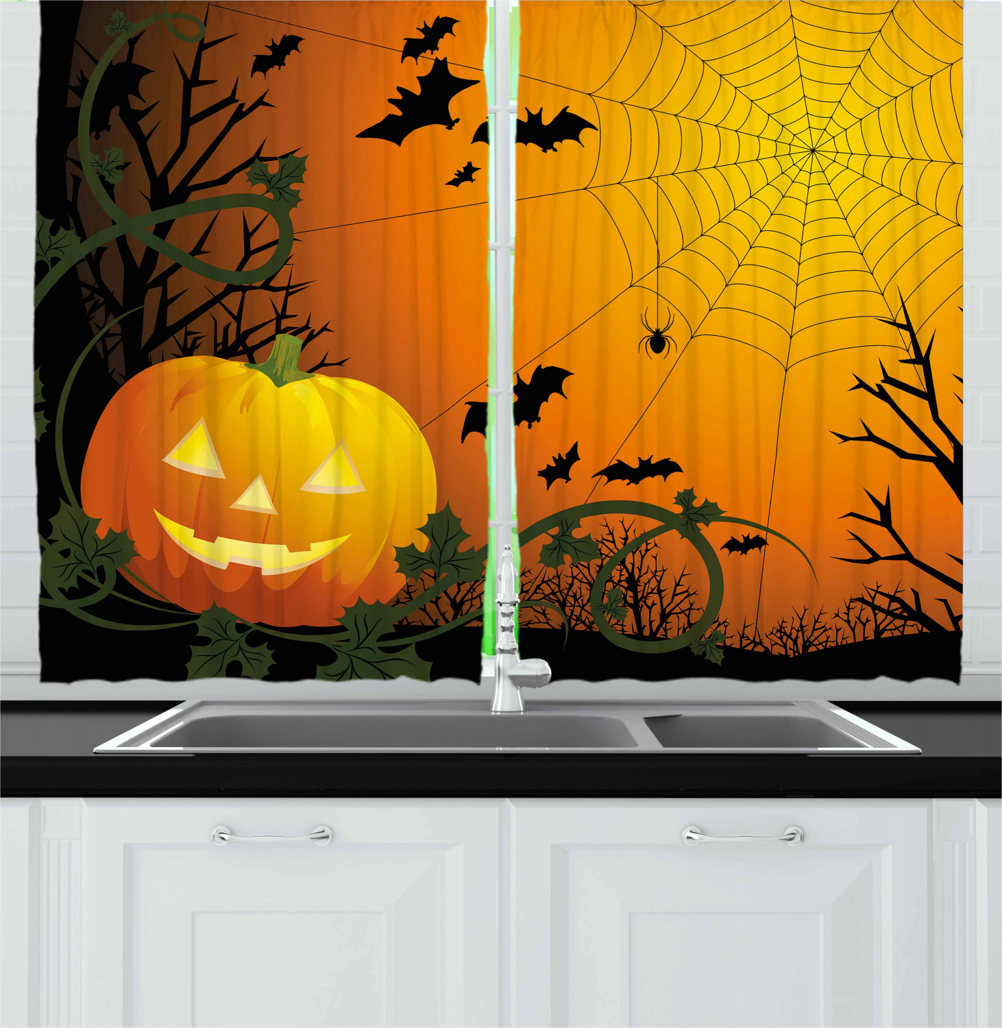 Spider Web Kitchen Curtains 2 Panel Set Window Drapes 55" X 39" by Ambesonne - Picture 14 of 16