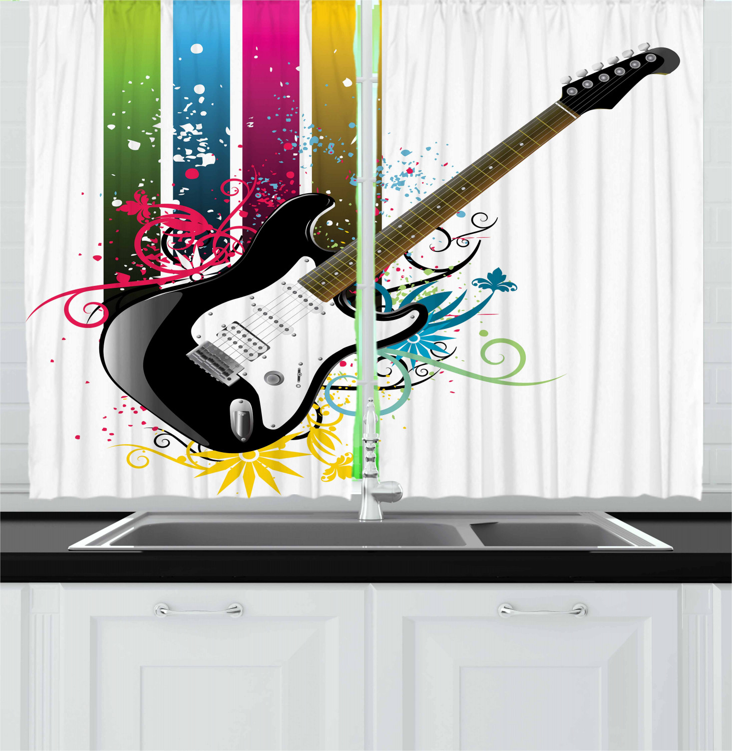 Rock Guitar Kitchen Curtains 2 Panel Set Window Drapes 55" X 39" by Ambesonne 