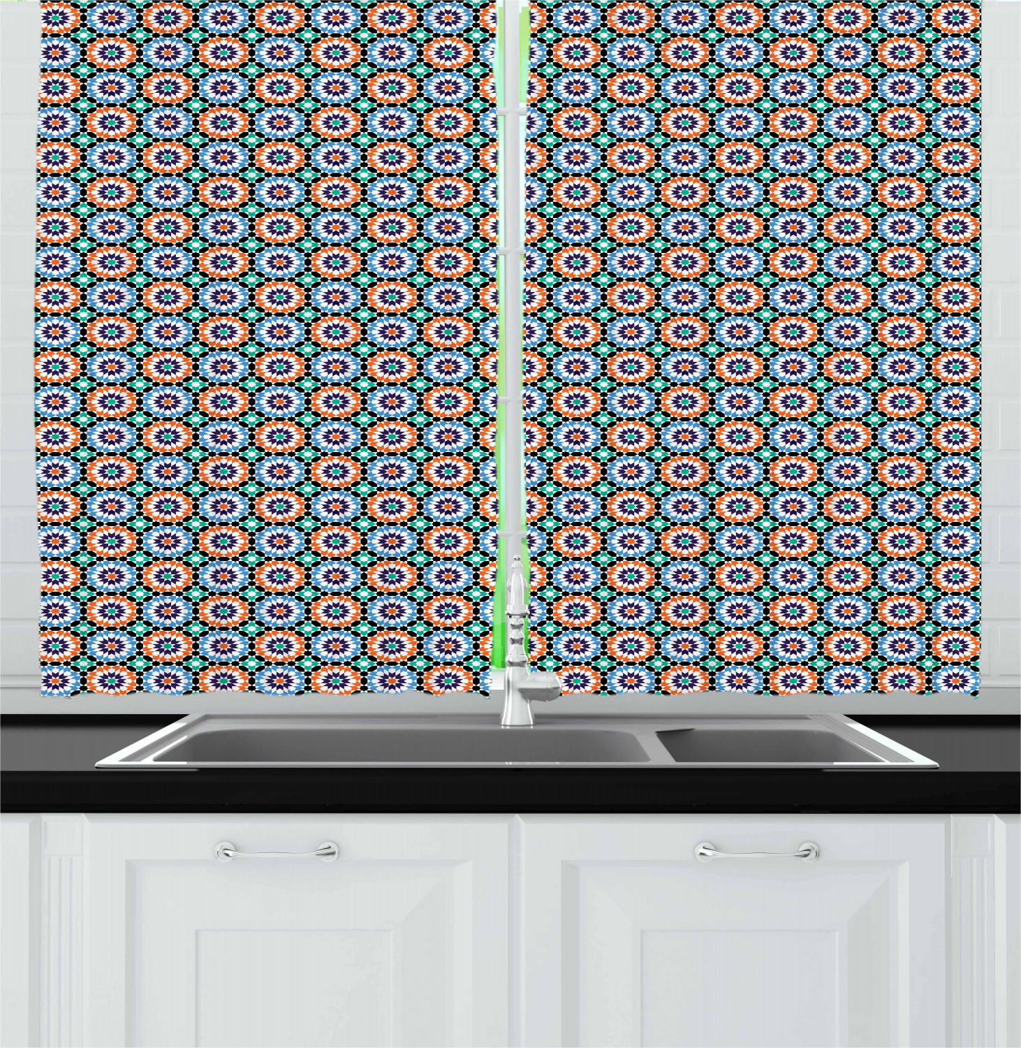 Eastern Moroccan Kitchen Curtains 2 Panel Set Window Drapes 55" X 39" Ambesonne - Picture 7 of 25