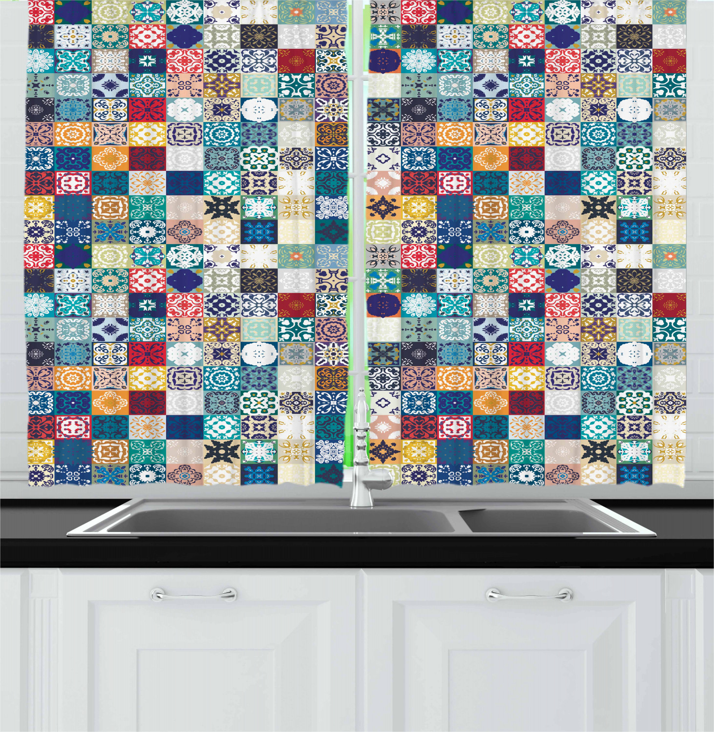 Eastern Moroccan Kitchen Curtains 2 Panel Set Window Drapes 55" X 39" Ambesonne - Picture 21 of 25