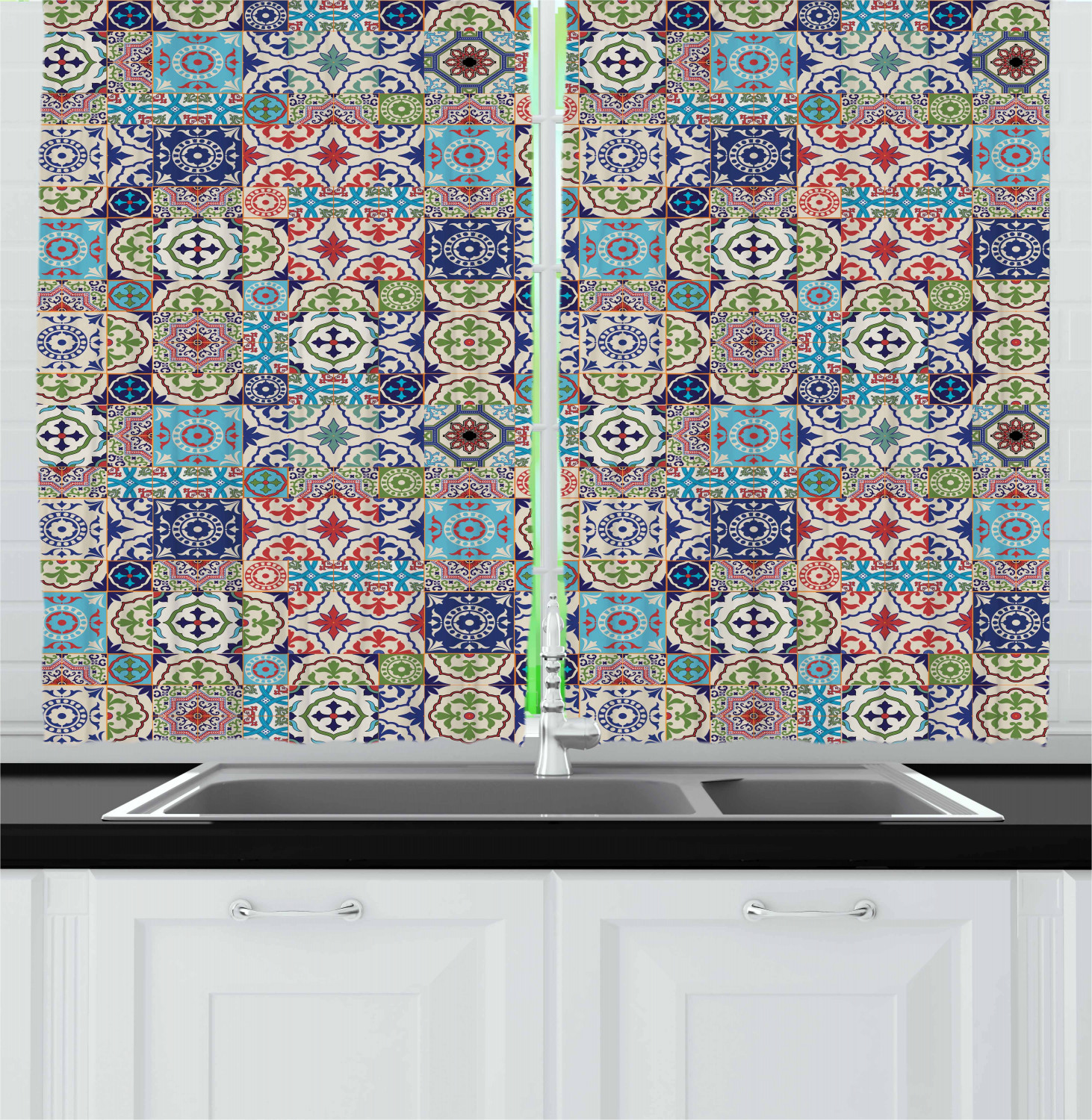 Eastern Moroccan Kitchen Curtains 2 Panel Set Window Drapes 55" X 39" Ambesonne - Picture 8 of 25