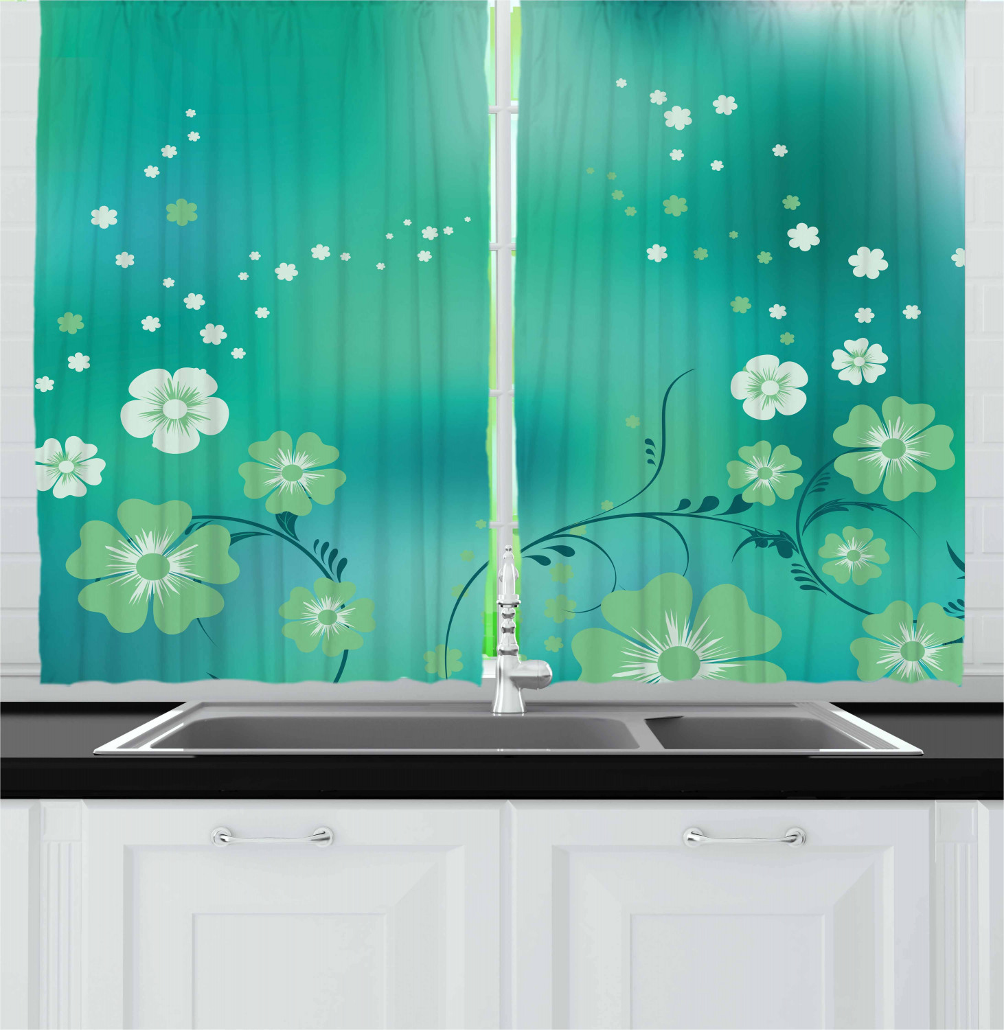 Floral Kitchen Curtains 2 Panel Set Home Decor Window Drapes 55" X 39" Ambesonne - Picture 9 of 24