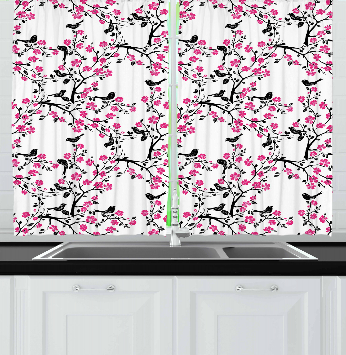 Cherry Blossom Kitchen Curtains 2 Panel Set Window Drapes 55" X 39