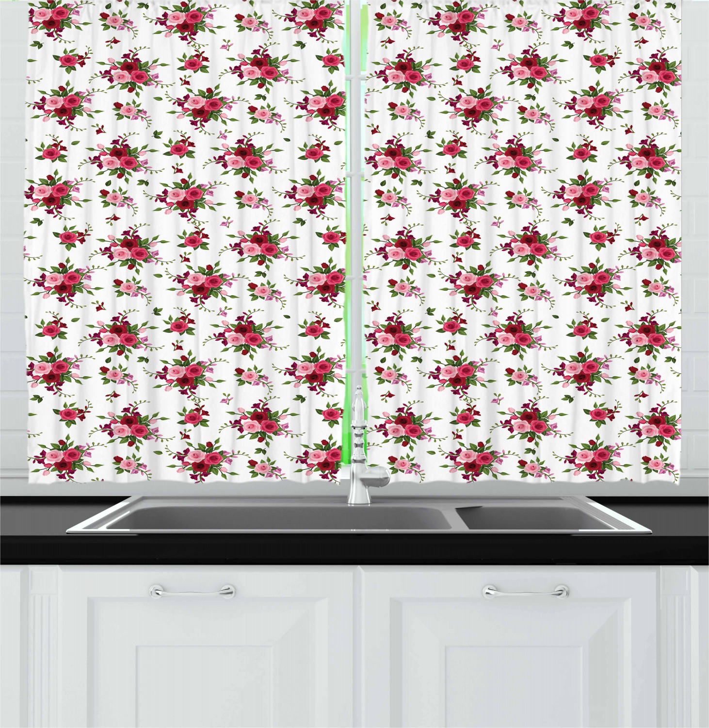 Floral Kitchen Curtains 2 Panel Set Home Decor Window Drapes 55" X 39" Ambesonne - Picture 19 of 24