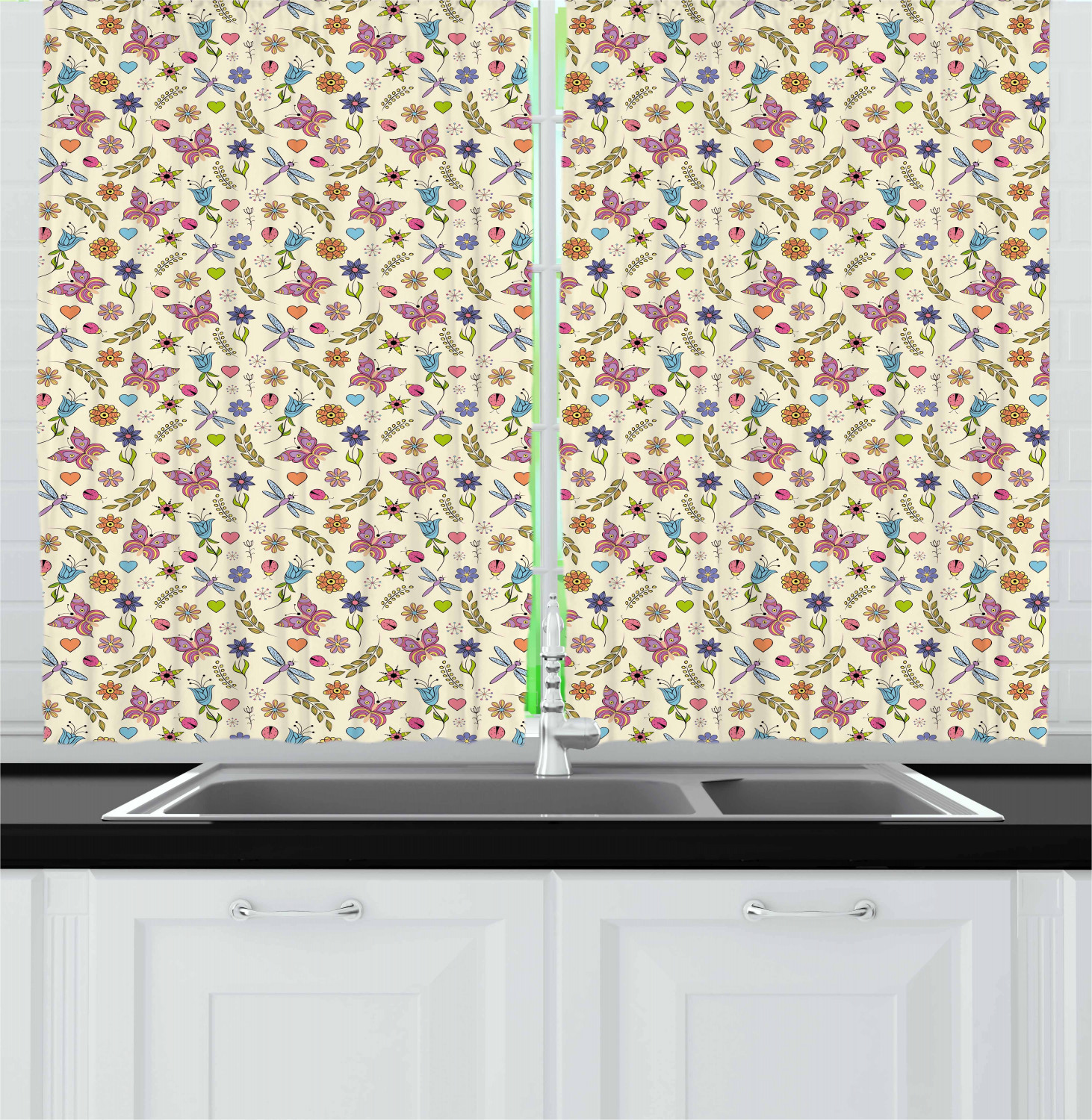 Floral Kitchen Curtains 2 Panel Set Home Decor Window Drapes 55" X 39" Ambesonne - Picture 8 of 24