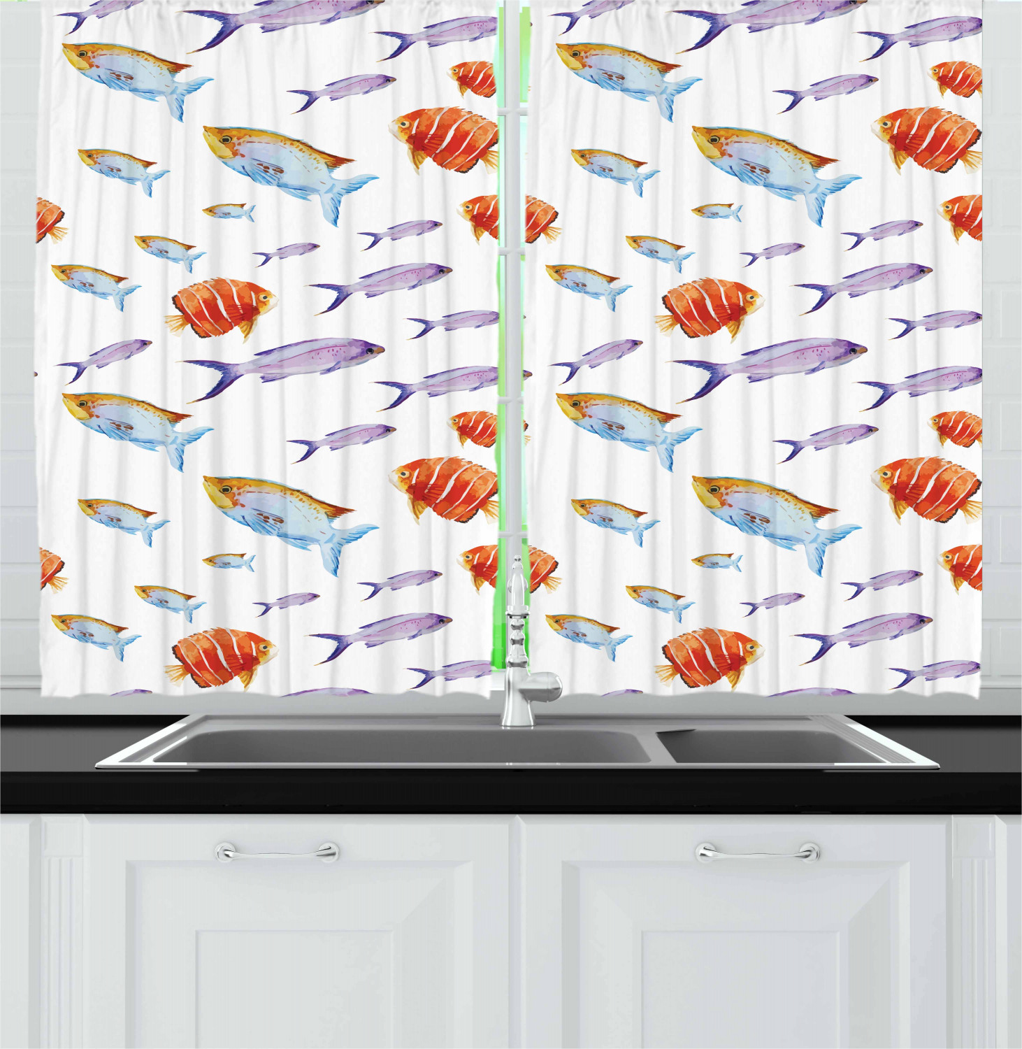 Ambesonne Fish Kitchen Curtains 2 Panel Set Home Decor Window Drapes 55 ...