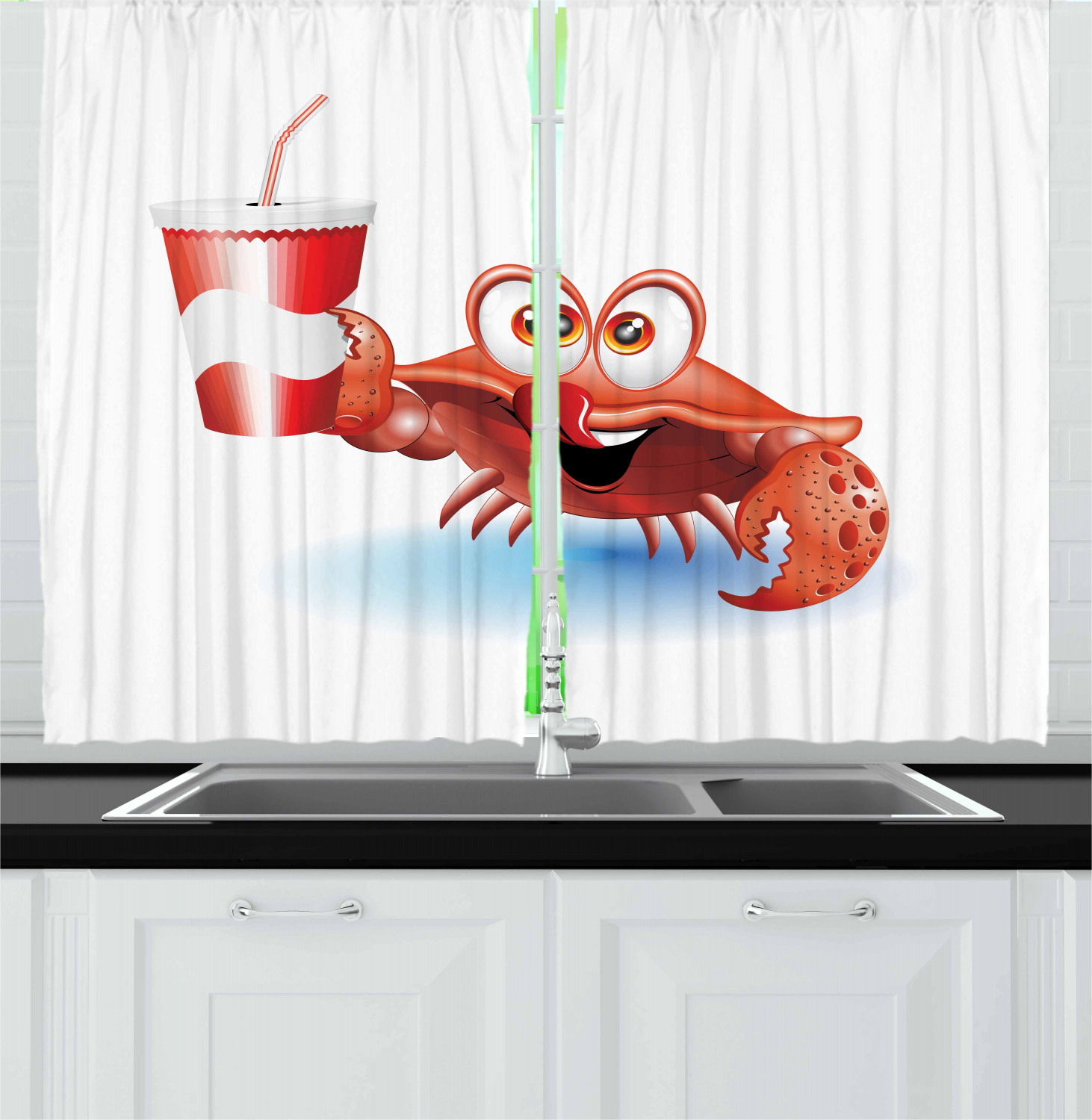 Crabs Kitchen Curtains 2 Panel Set Window Drapes 55" X 39" Ambesonne 