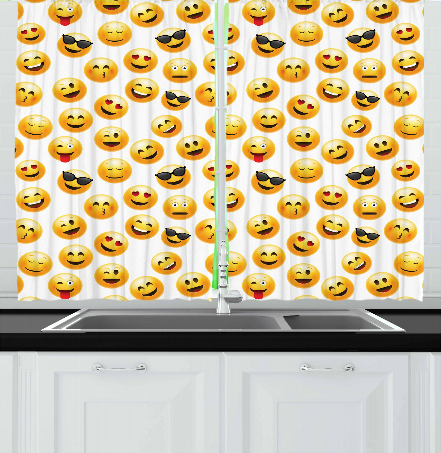 Emoji Kitchen Curtains 2 Panel Set Window Drapes 55" X 39" Ambesonne 
