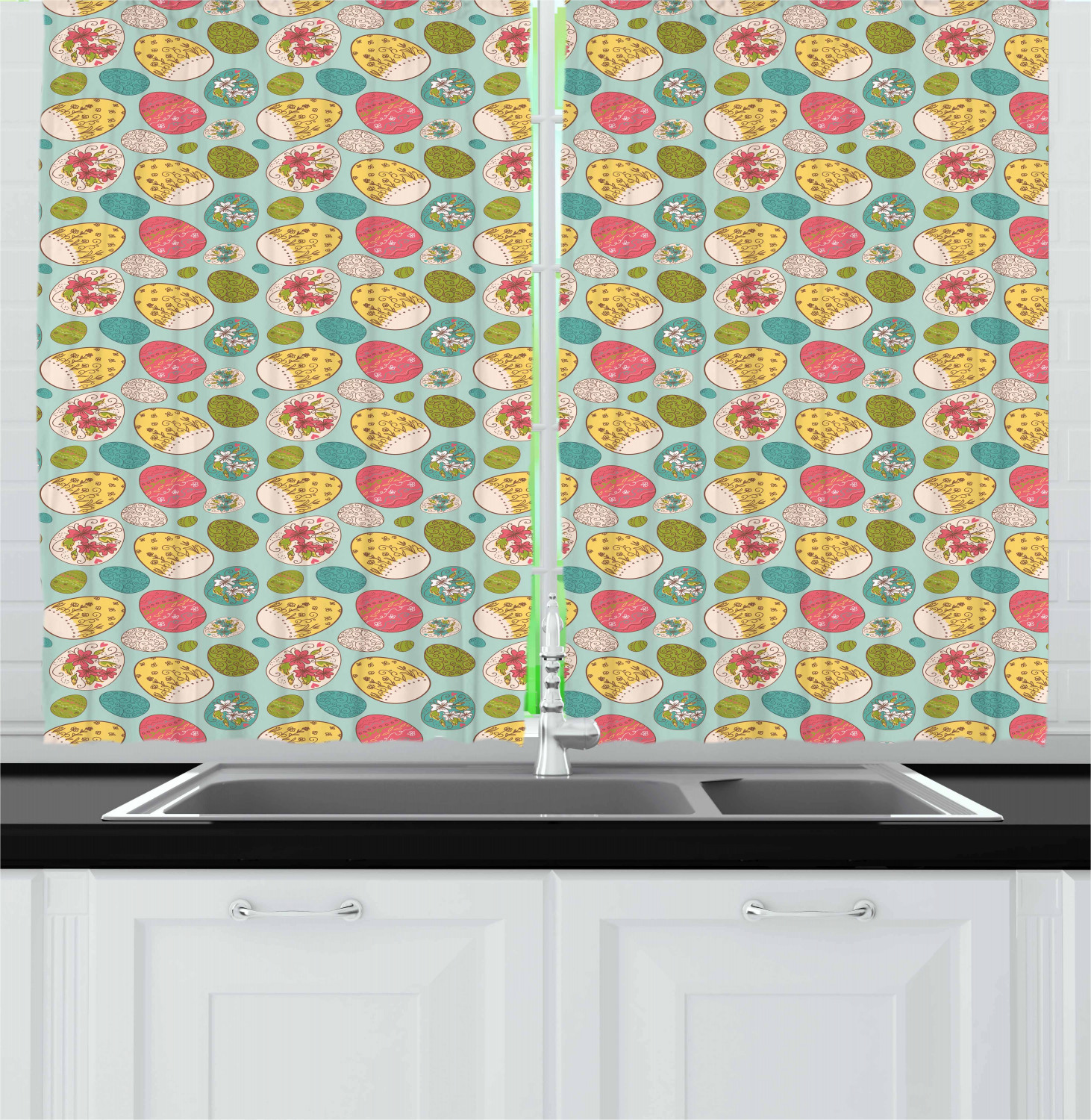 Easter Kitchen Curtains 2 Panel Set Home Decor Window Drapes 55" X 39" Ambesonne - Picture 9 of 28