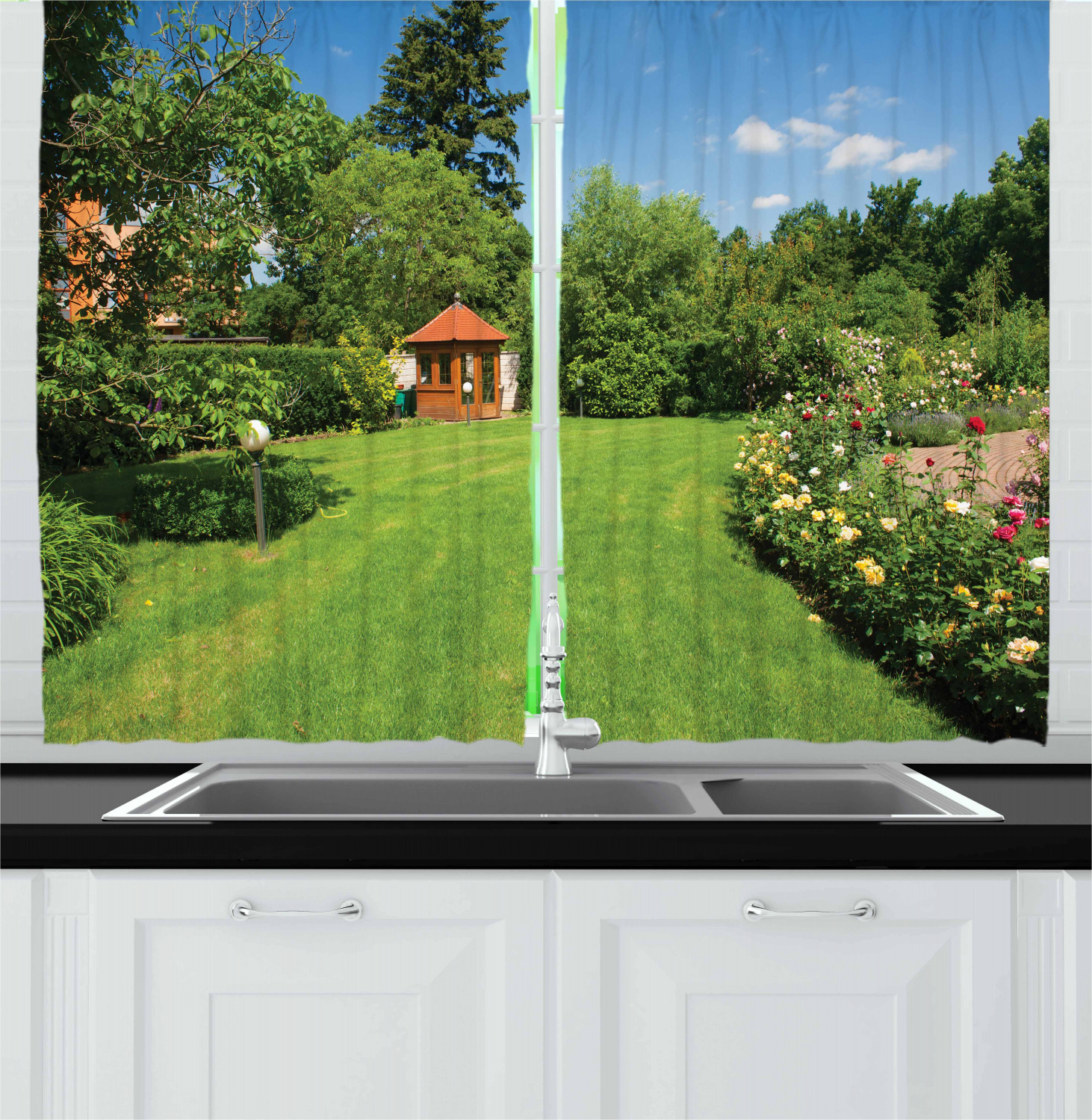 Garden Kitchen Curtains 2 Panel Set Window Drapes 55" X 39" Ambesonne - Picture 8 of 12
