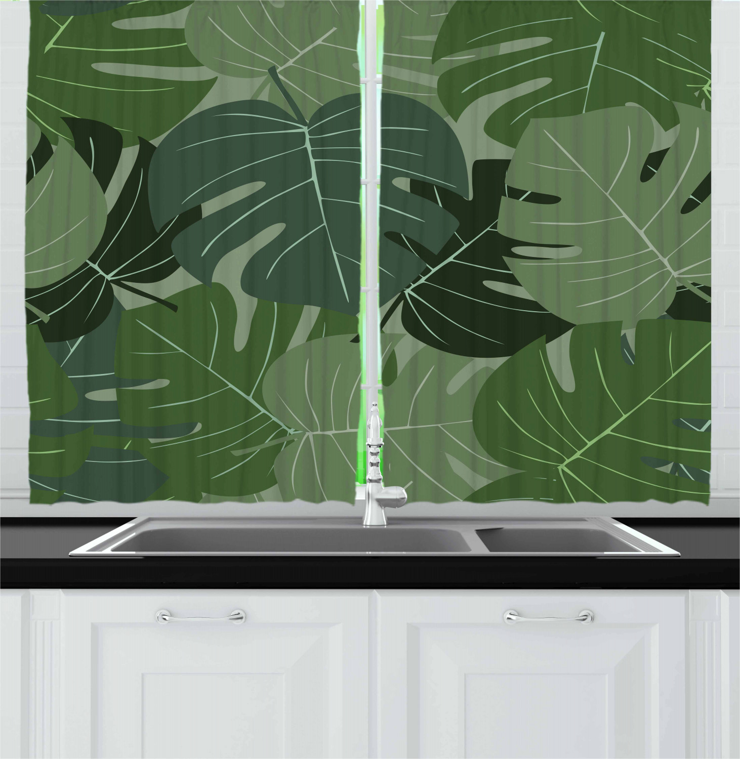 Green Kitchen Curtains 2 Panel Home Window Drapes 55" X 39" Ambesonne - Picture 21 of 23