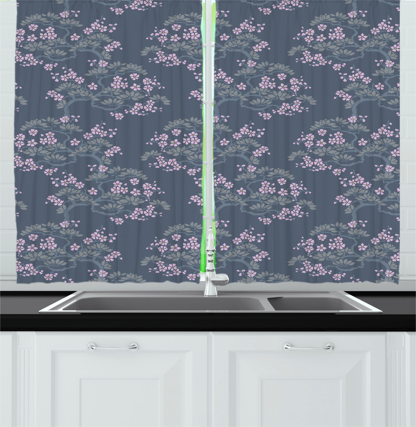 Leaf Kitchen Curtains 2 Panel Set Window Drapes 55" X 39" Ambesonne - Picture 7 of 15