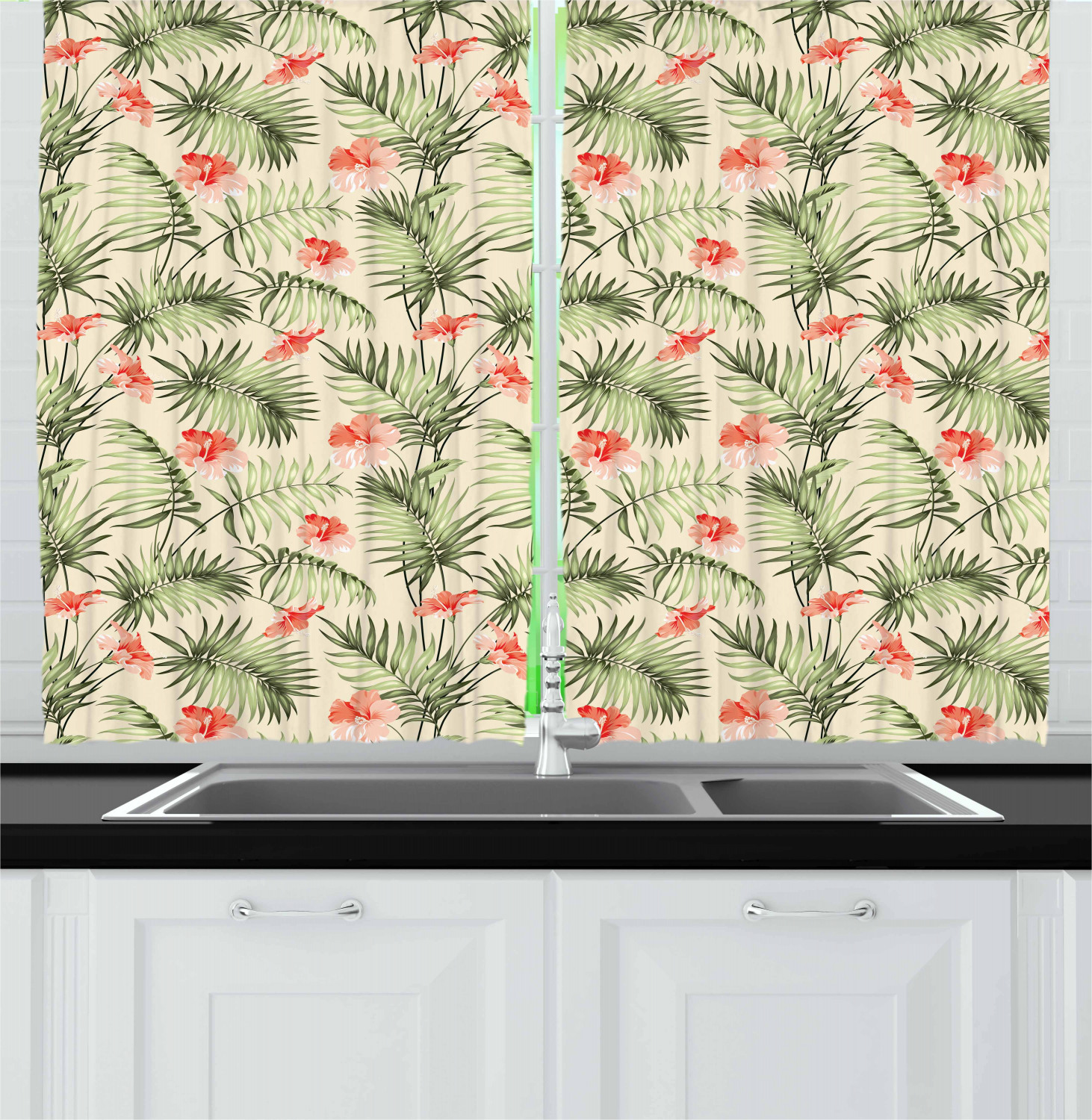 Leaf Kitchen Curtains 2 Panel Set Window Drapes 55" X 39" Ambesonne - Picture 10 of 15