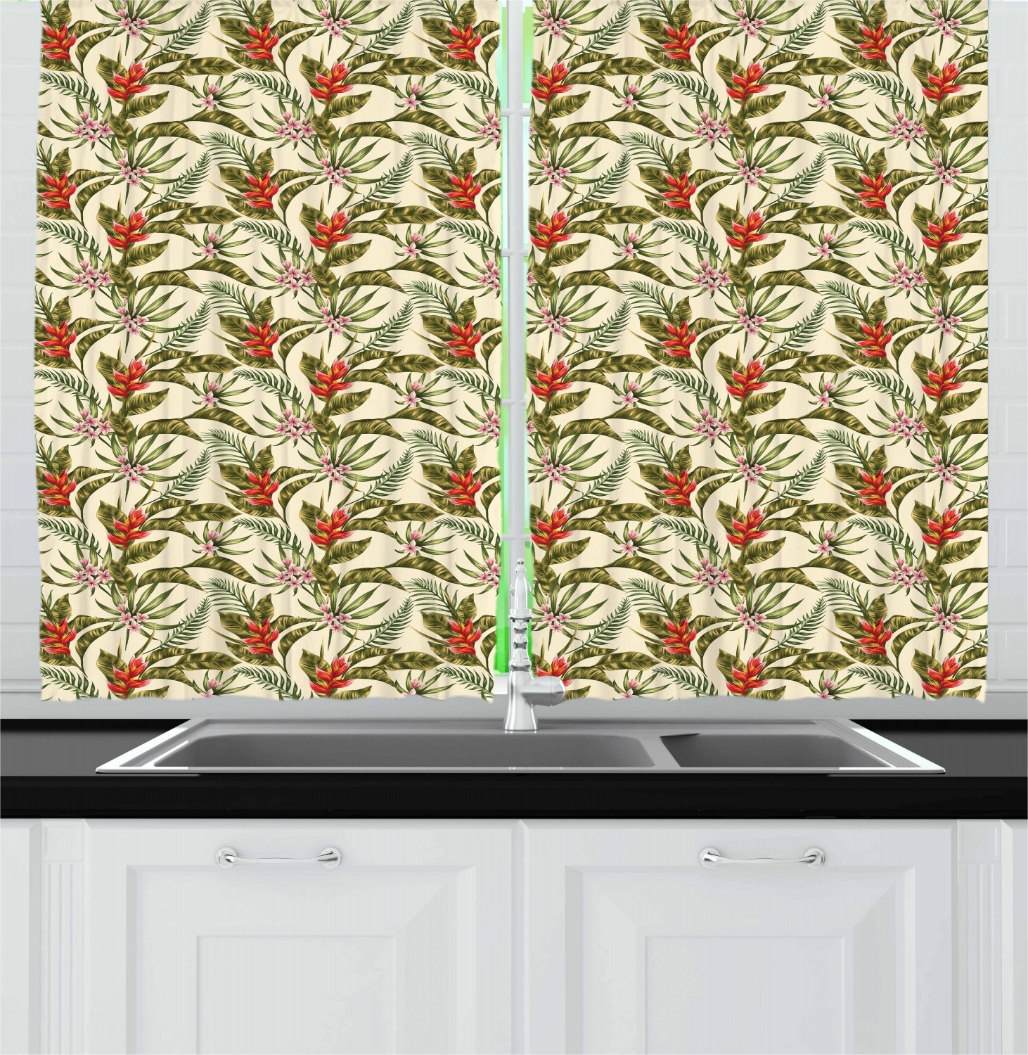 Leaf Kitchen Curtains 2 Panel Set Window Drapes 55" X 39" Ambesonne - Picture 12 of 15