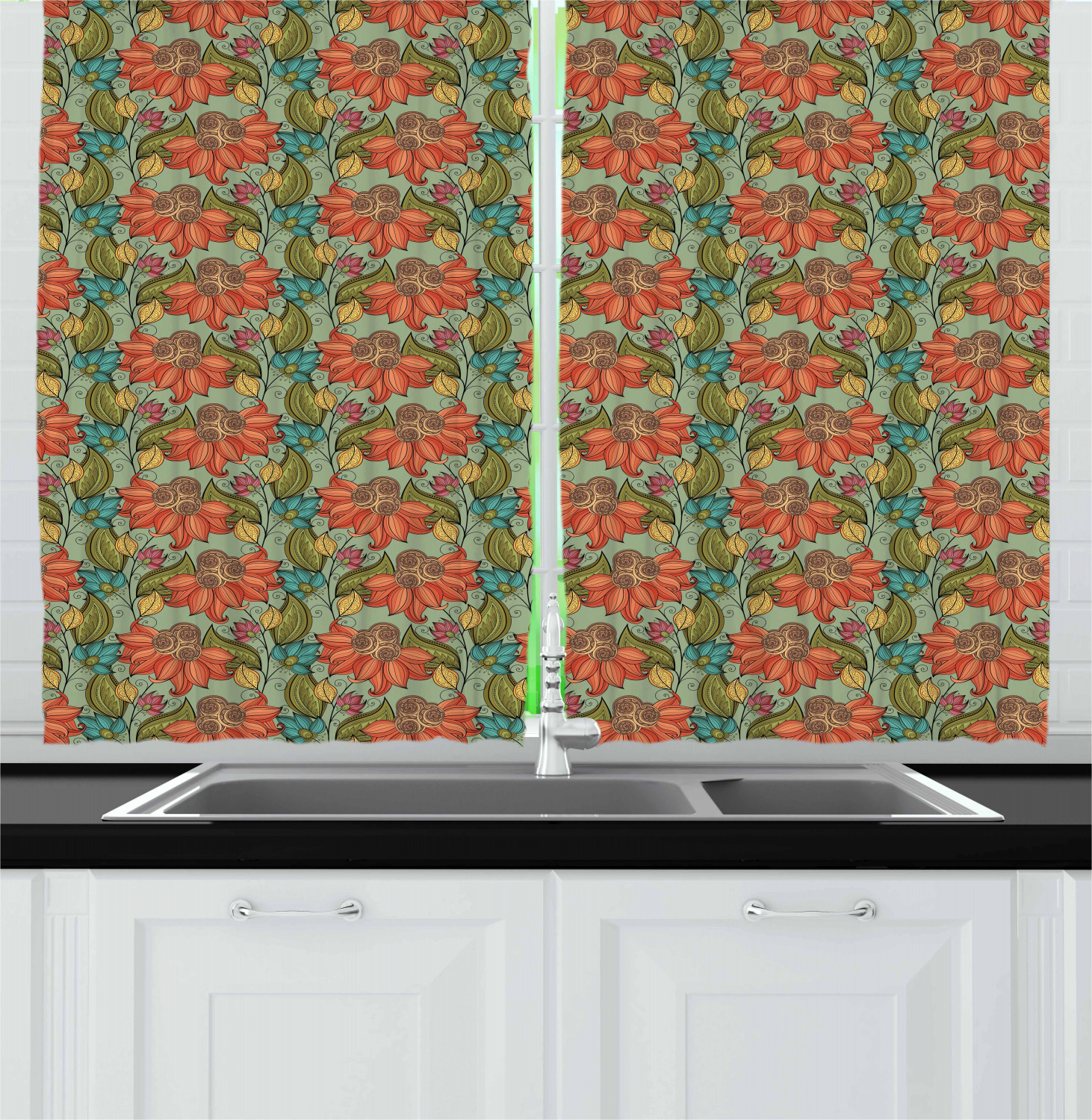 Leaf Kitchen Curtains 2 Panel Set Window Drapes 55" X 39" Ambesonne - Picture 14 of 15