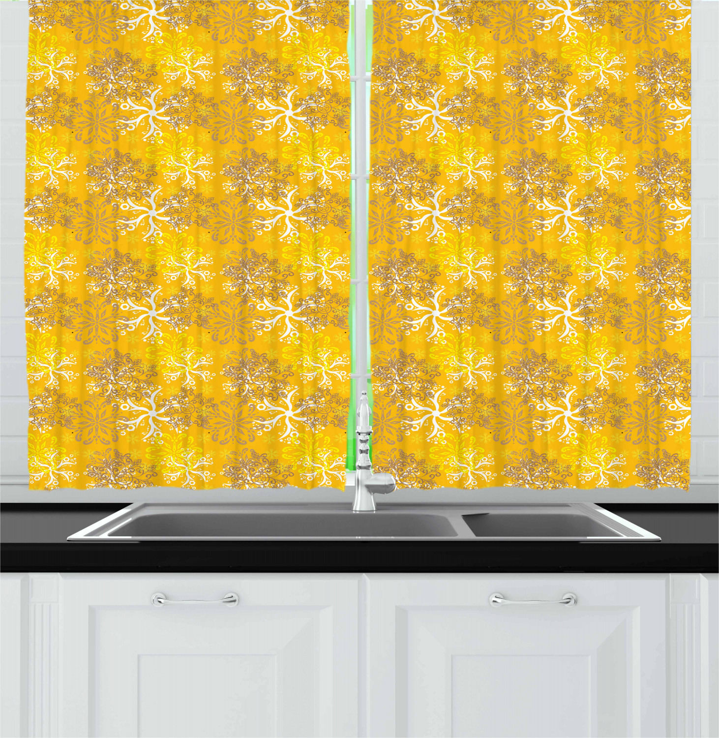 Yellow Ornamental Kitchen Curtains 2 Panel Set Window Drapes 55