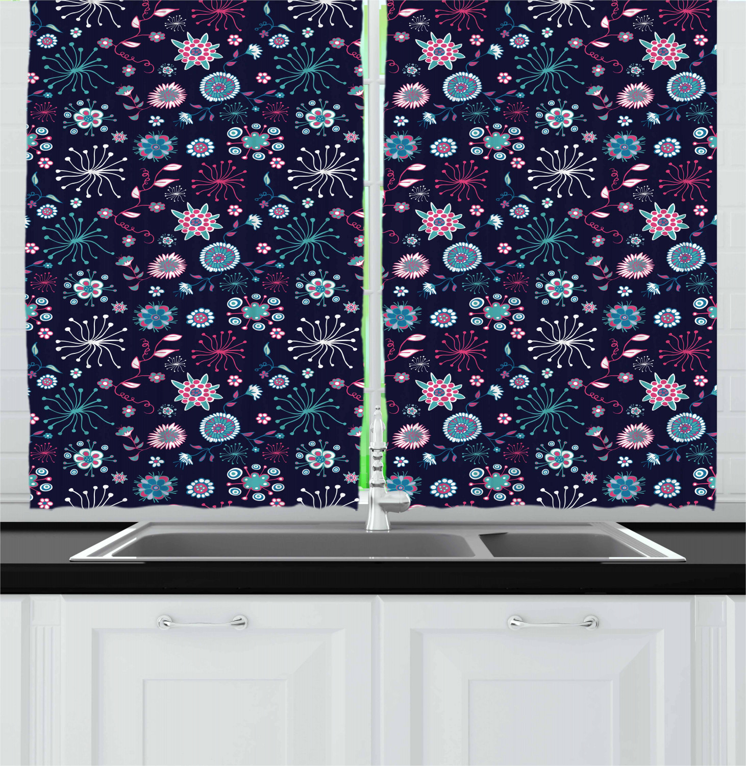 Retro Doodle Kitchen Curtains 2 Panel Set Window Drapes 55" X 39" eBay