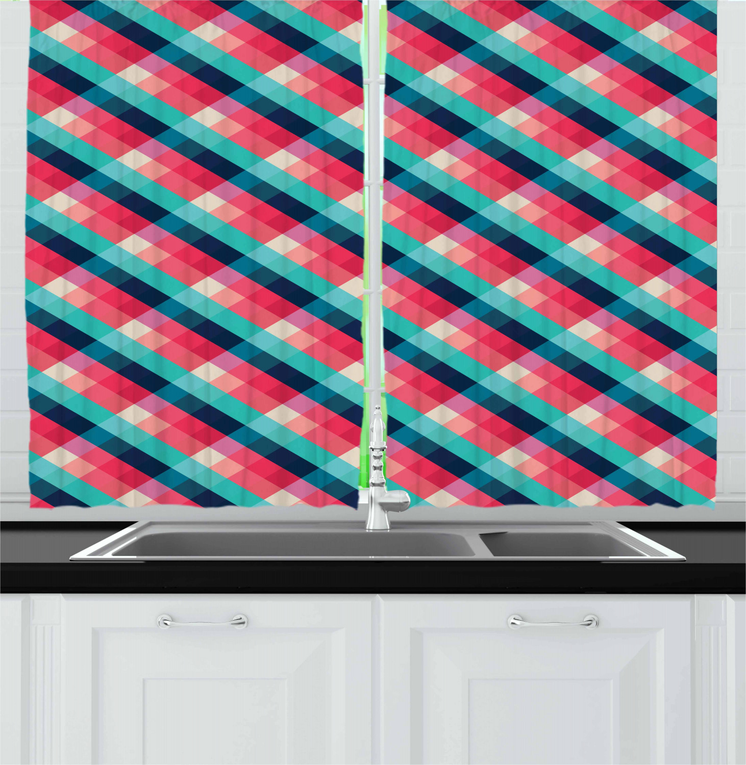 Colorful Geometric Kitchen Curtains 2 Panel Set Window Drapes 55" X 39