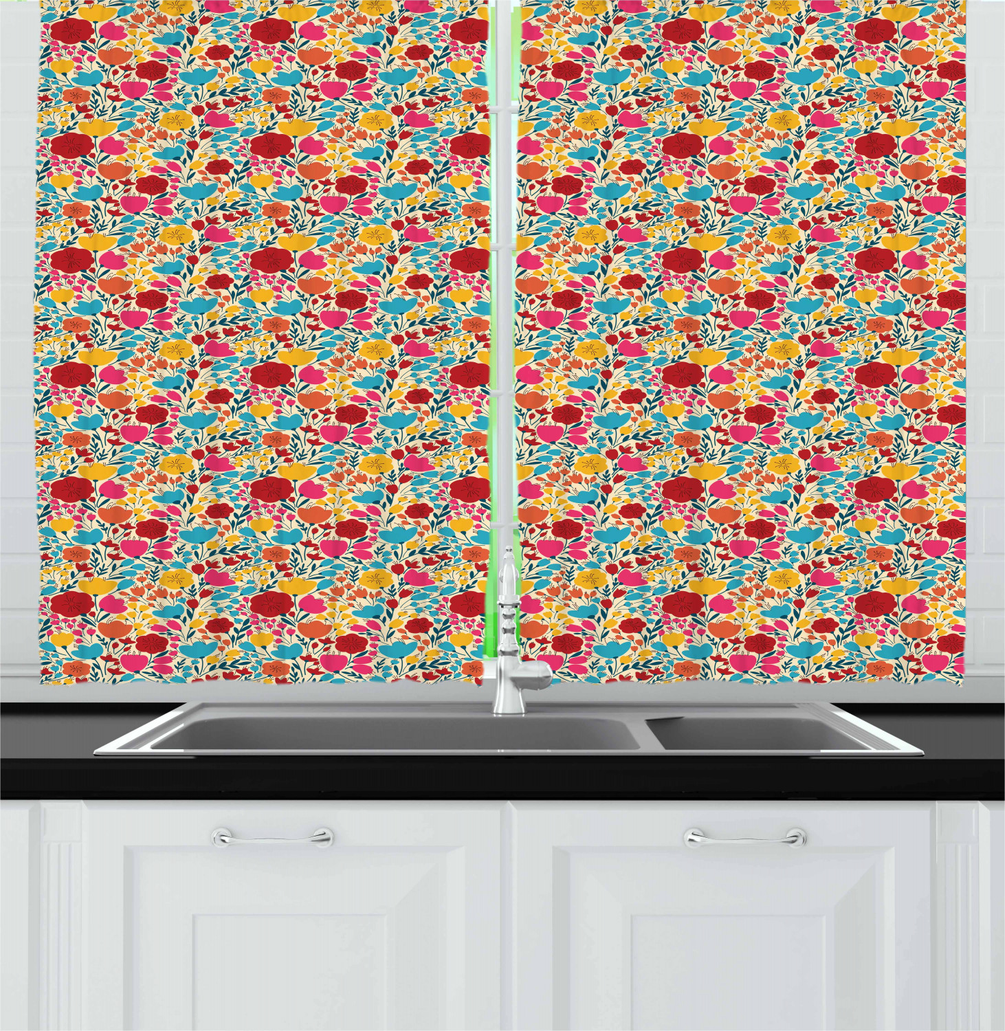 Spring Season Kitchen Curtains 2 Panel Set Window Drapes 55" X 39" by Ambesonne - Picture 8 of 22