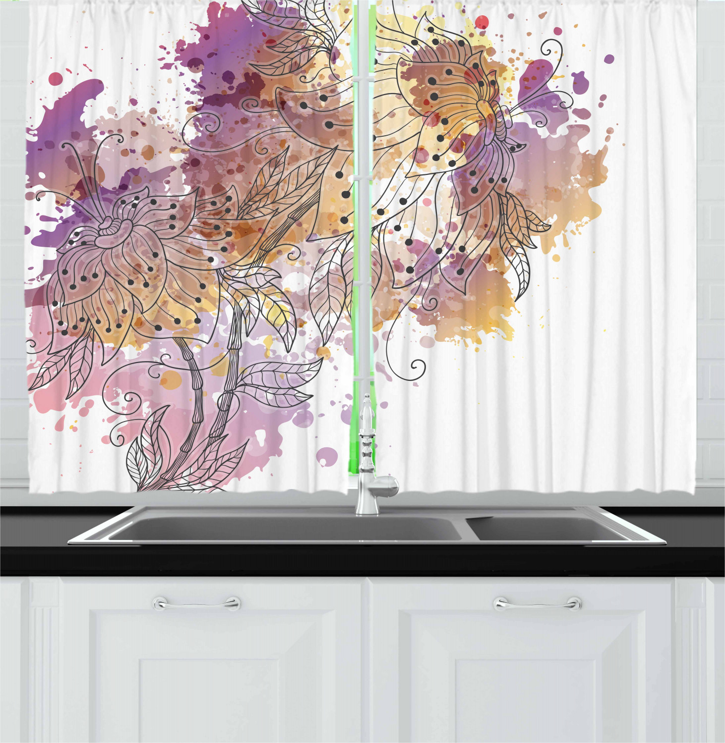 Spring Season Kitchen Curtains 2 Panel Set Window Drapes 55" X 39" by Ambesonne - Picture 7 of 22
