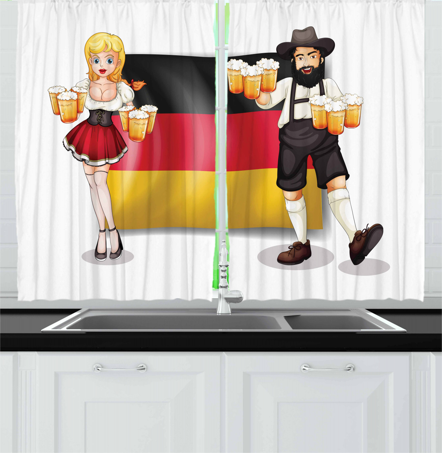 German Kitchen Curtains 2 Panel Set Window Drapes 55" X 39" Ambesonne