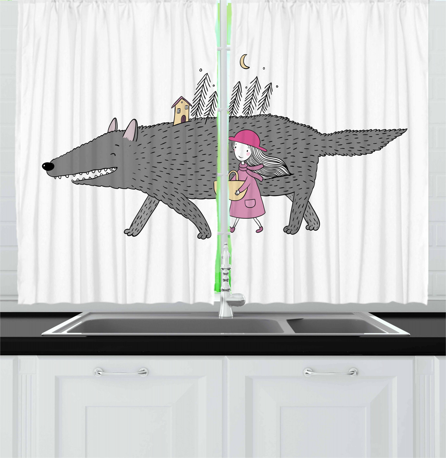 Girls Cartoon Kitchen Curtains 2 Panel Set Window Drapes 55" X 39" Ambesonne - Picture 28 of 28