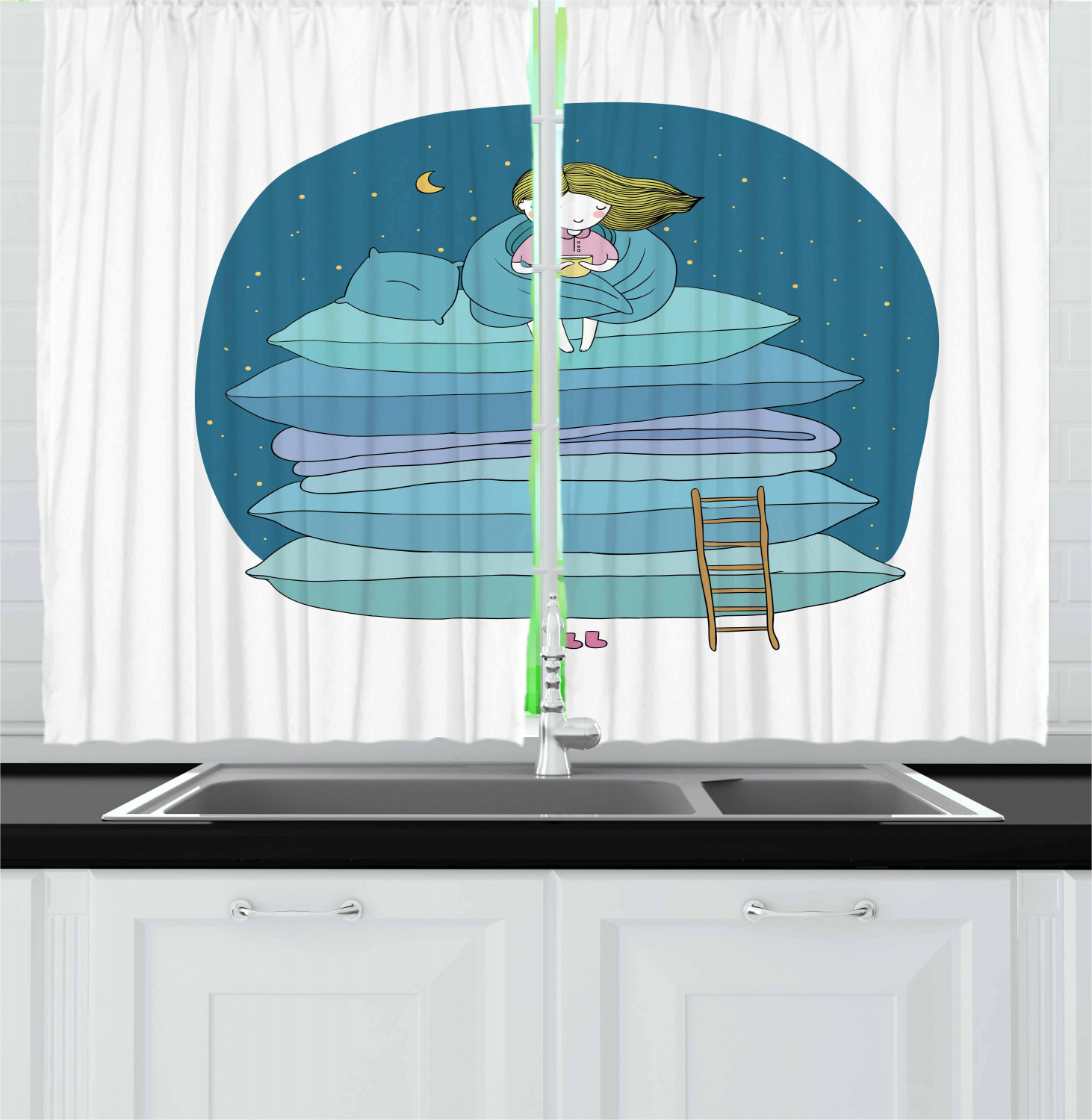 Girls Cartoon Kitchen Curtains 2 Panel Set Window Drapes 55" X 39" Ambesonne - Picture 13 of 28