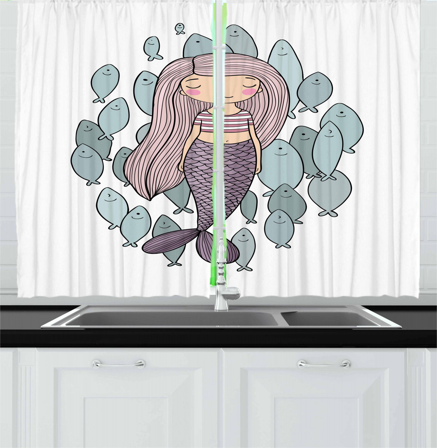 Girls Cartoon Kitchen Curtains 2 Panel Set Window Drapes 55" X 39" Ambesonne - Picture 19 of 28