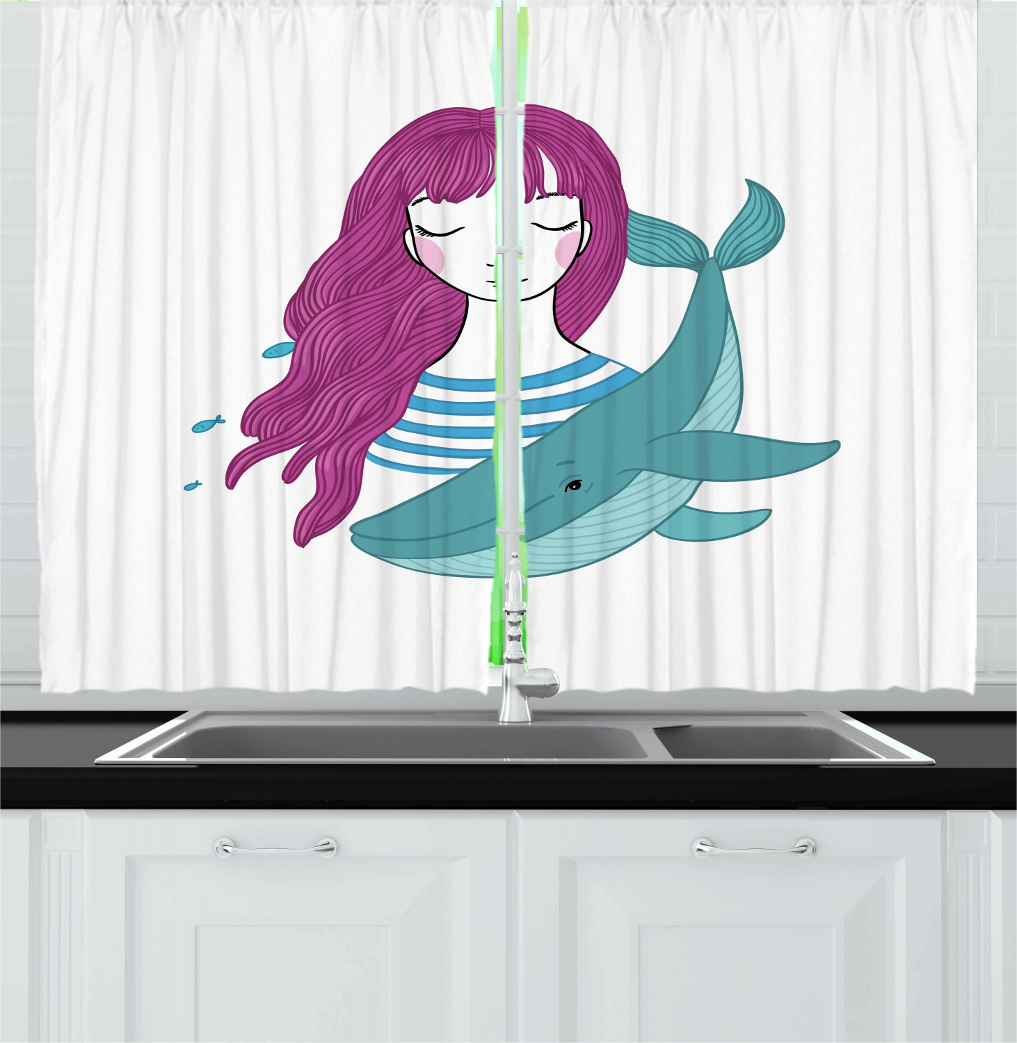 Girls Cartoon Kitchen Curtains 2 Panel Set Window Drapes 55" X 39" Ambesonne - Picture 22 of 28